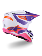 Alpinestars S-M3 Heat Helm ECE 22.06, Motocross-Helm, Weiß mit lila, pinken und orangefarbenen Akzenten, seitliche Rückansicht mit Belüftungsöffnungen und markantem Stern-Logo, glänzendes Finish für Offroad-Performance