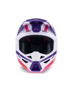 Alpinestars S-M3 Heat Helm ECE 22.06, Motocross-Helm, Weiß, Lila und Pink glänzend, Vorderansicht mit Belüftungsöffnungen und markanten geometrischen Grafiken, professioneller Kopfschutz für den Offroad-Rennsport