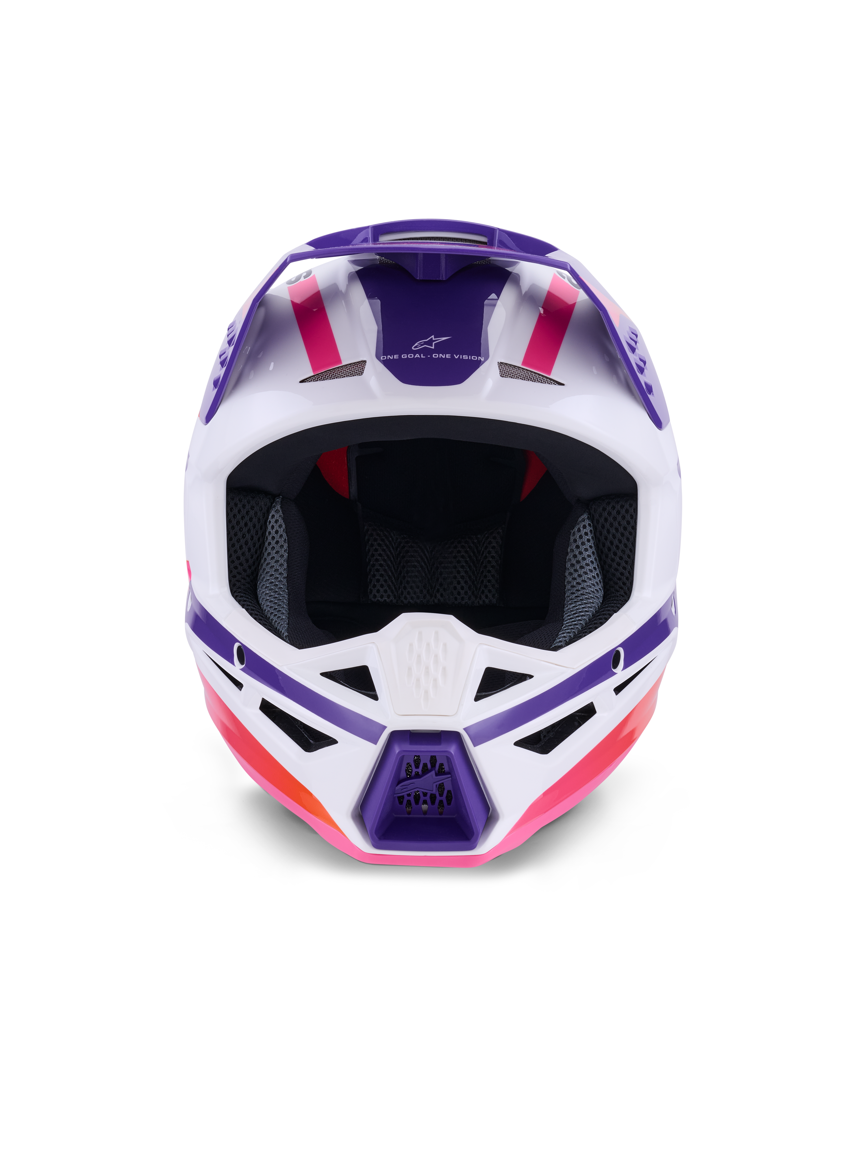 Alpinestars S-M3 Heat Helm ECE 22.06, Motocross-Helm, Weiß, Lila und Pink glänzend, Vorderansicht mit Belüftungsöffnungen und markanten geometrischen Grafiken, professioneller Kopfschutz für den Offroad-Rennsport
