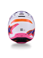Alpinestars S-M3 Heat Helm ECE 22.06, Motocross-Helm, Rückansicht in Weiß Lila Rosa Glänzend mit orangefarbenen Akzenten, mit markanten Stern-Grafiken, hinteren Entlüftungsöffnungen und thermogespritztem Schalendesign für den Offroad-Rennsport.