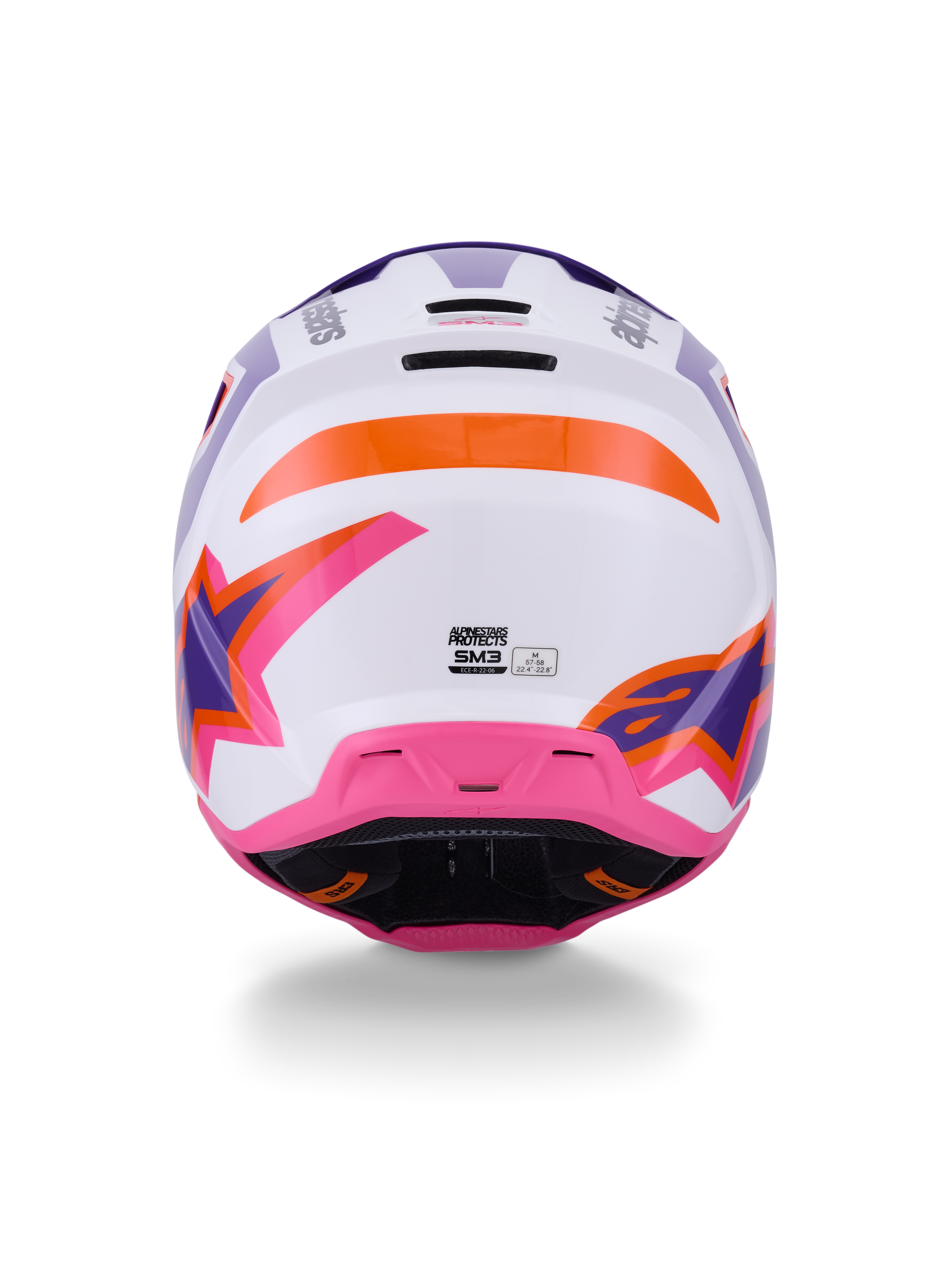 Alpinestars S-M3 Heat Helm ECE 22.06, Motocross-Helm, Rückansicht in Weiß Lila Rosa Glänzend mit orangefarbenen Akzenten, mit markanten Stern-Grafiken, hinteren Entlüftungsöffnungen und thermogespritztem Schalendesign für den Offroad-Rennsport.