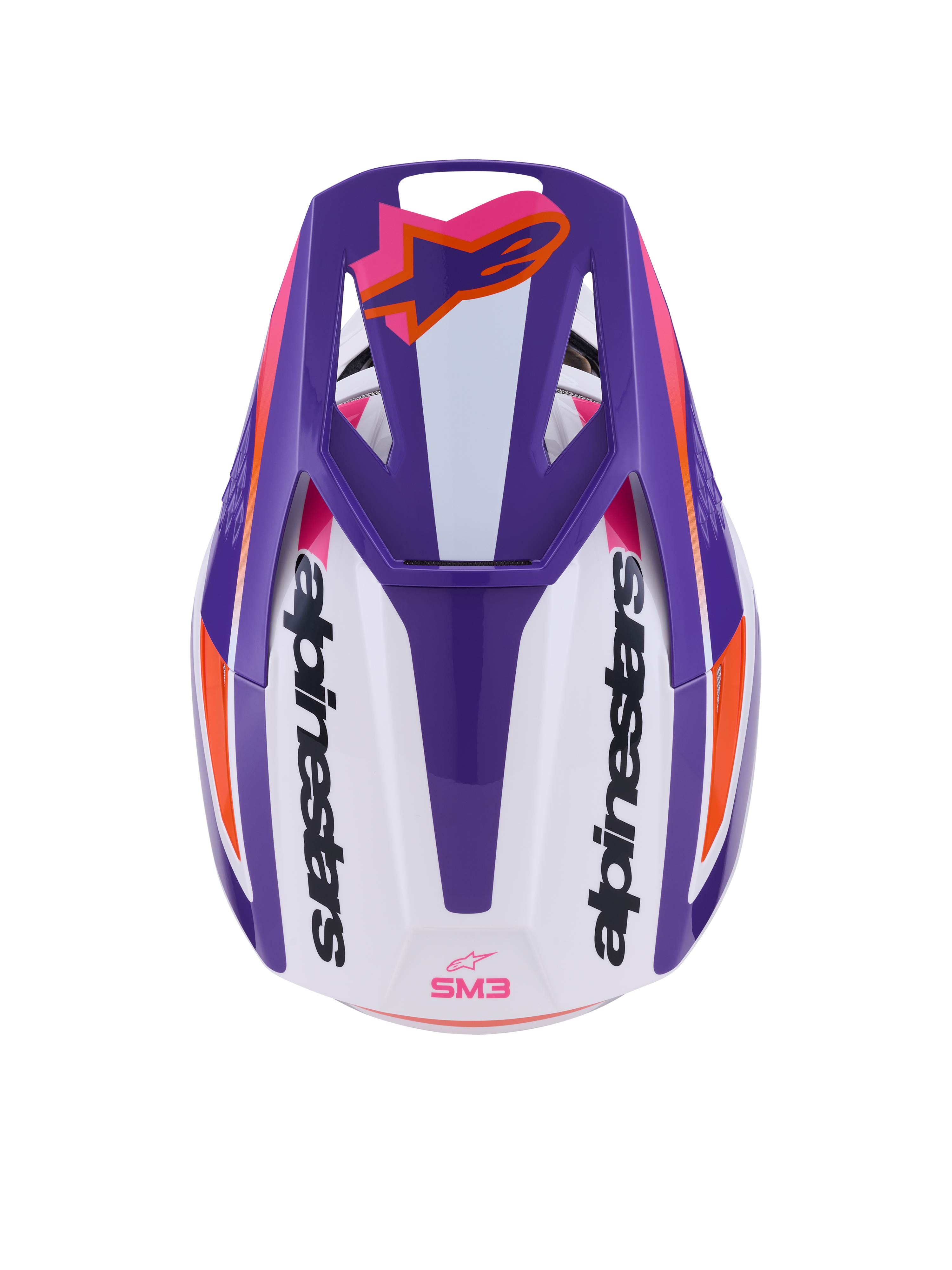 Alpinestars S-M3 Heat Helm ECE 22.06, Motocross-Helm, Weiß, Lila und Pink glänzend, Ansicht von oben zeigt belüftetes Visier mit orangefarbenem Astars-Logo und seitlichem Branding, glänzendes Finish mit markanten Grafiken