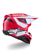 Alpinestars S-M3 Heat Motocross-Helm, Rot, Weiß und Schwarz glänzend, ECE 22.06-zertifiziert, Dreiviertel-Rückansicht.