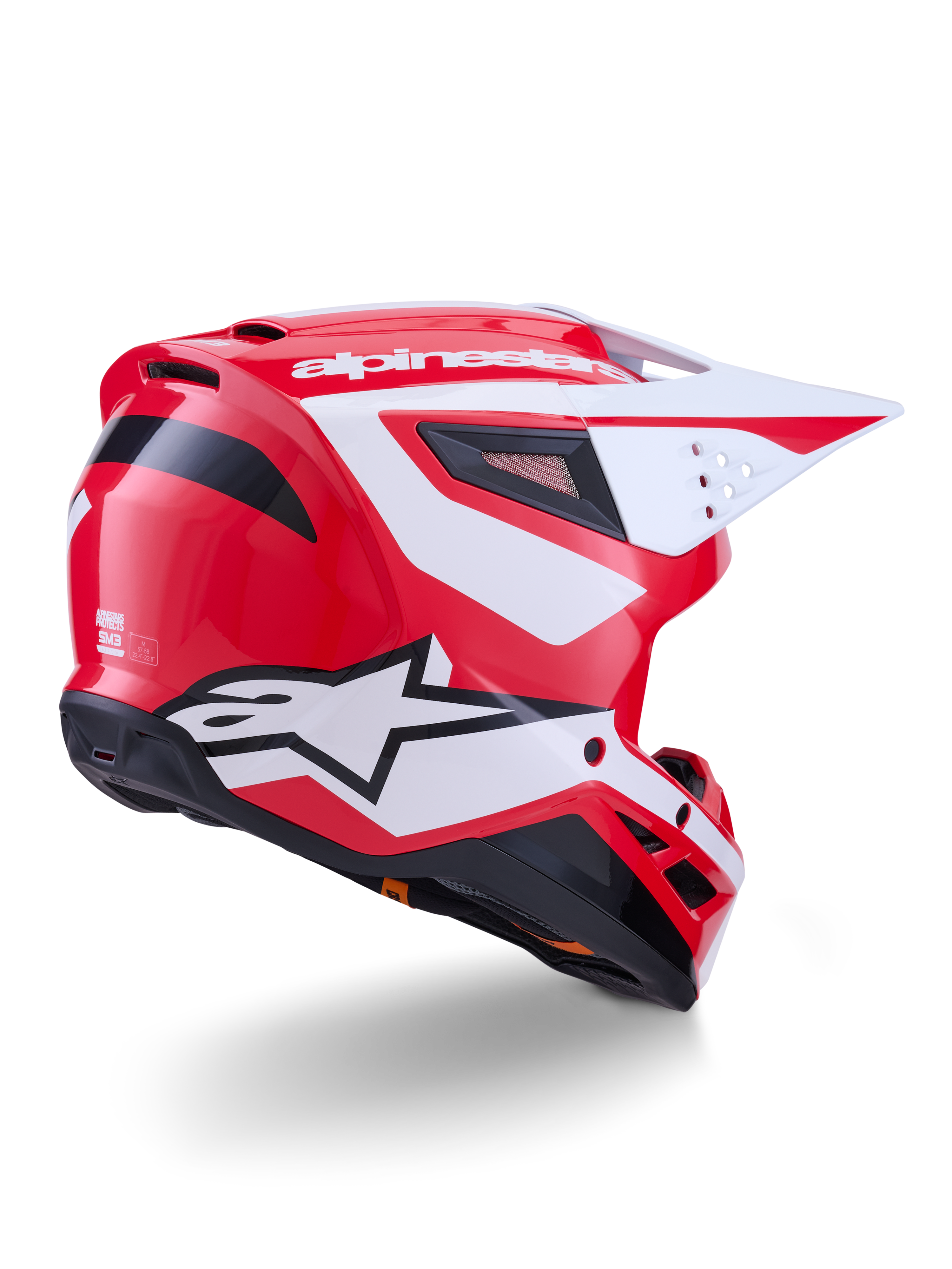 Alpinestars S-M3 Heat Motocross-Helm, Rot, Weiß und Schwarz glänzend, ECE 22.06-zertifiziert, Dreiviertel-Rückansicht.