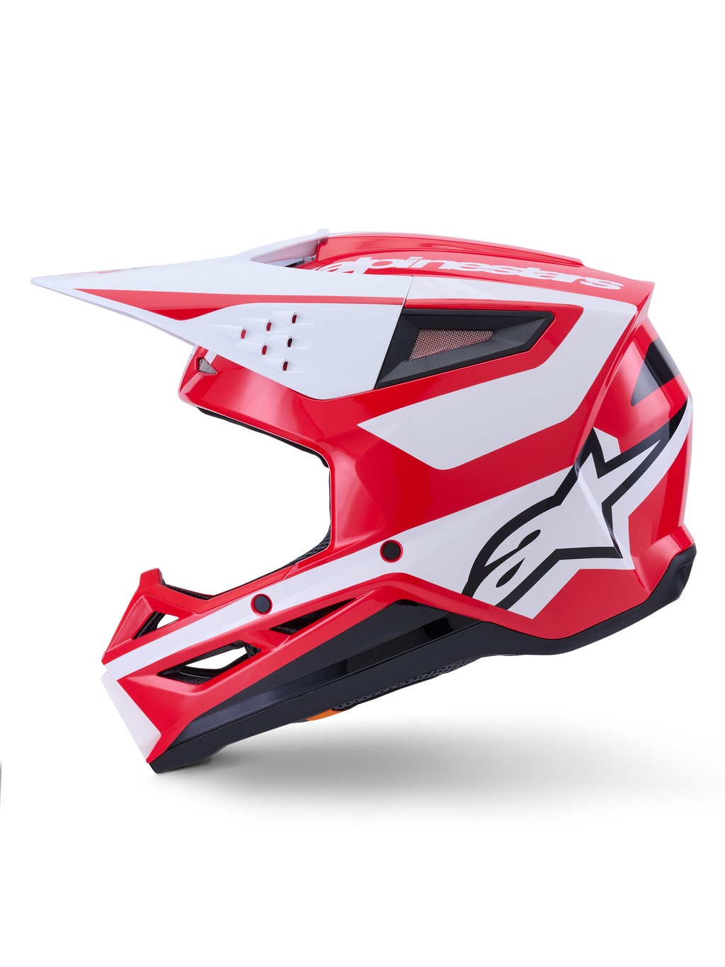 Alpinestars S-M3 Heat Helm, Motocross-Helm, Rot und Weiß glänzend, ECE 22.06 zertifiziert, Seitenprofil mit Astars-Logo.