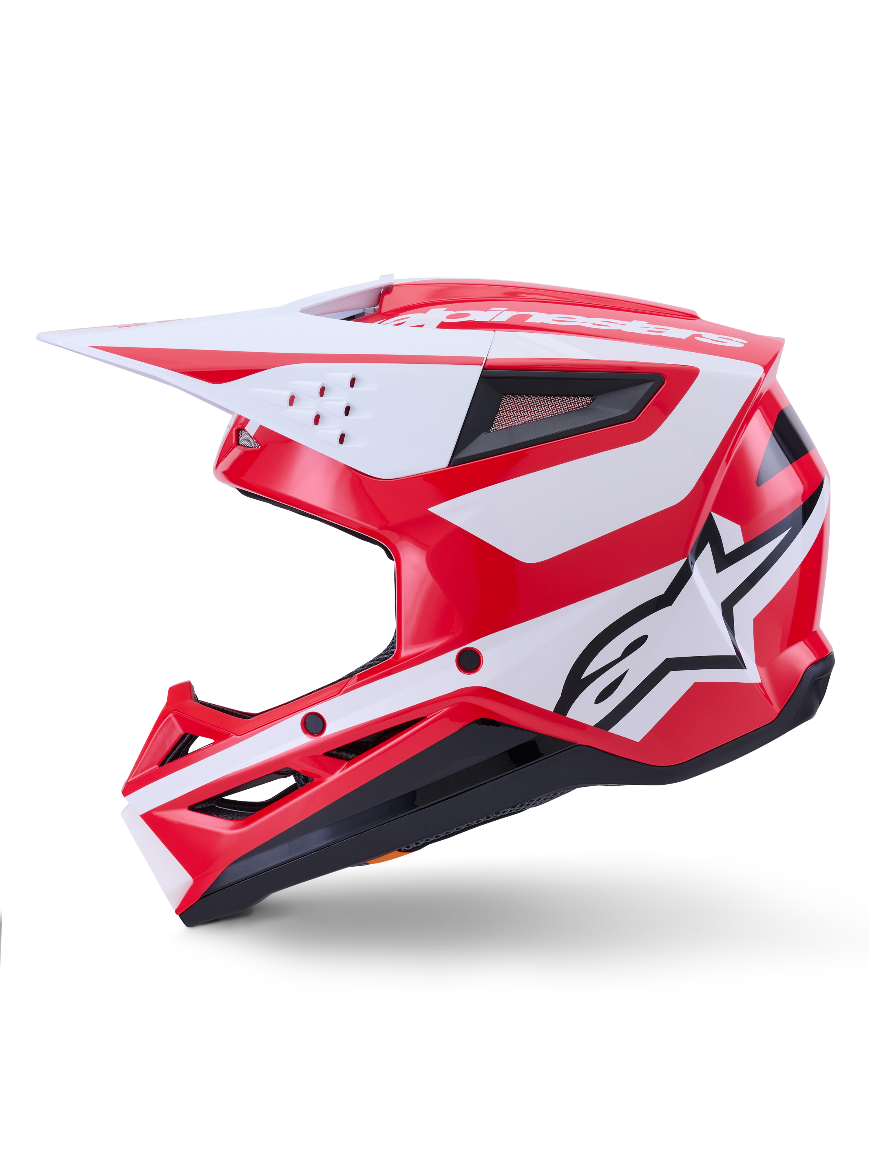 Alpinestars S-M3 Heat Helm, Motocross-Helm, Rot und Weiß glänzend, ECE 22.06 zertifiziert, Seitenprofil mit Astars-Logo.