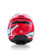 Alpinestars S-M3 Heat Motocross-Helm, Rot und Weiß glänzend, Rückansicht mit Stern-Logos und integrierten Auslassöffnungen.