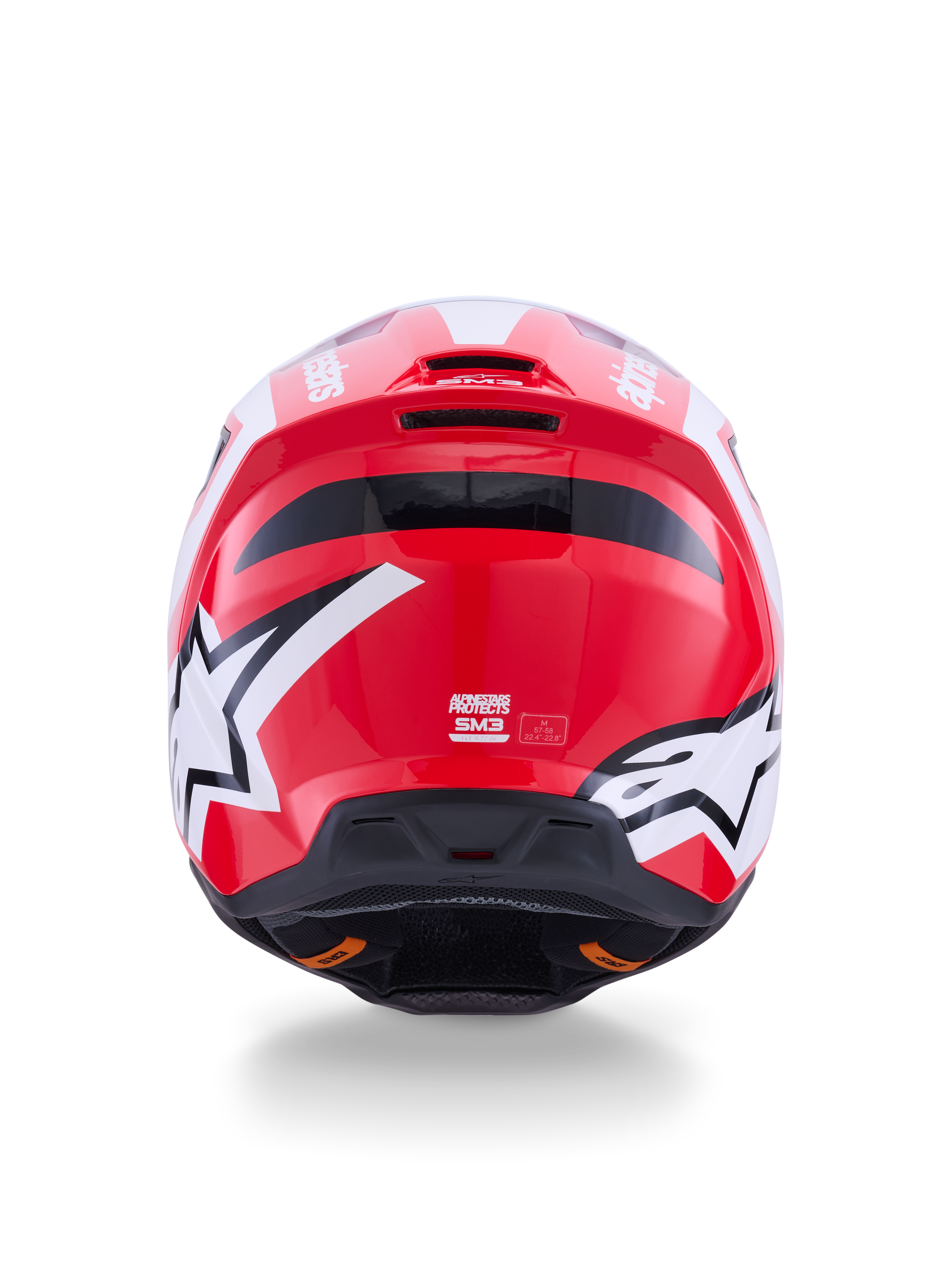 Alpinestars S-M3 Heat Motocross-Helm, Rot und Weiß glänzend, Rückansicht mit Stern-Logos und integrierten Auslassöffnungen.