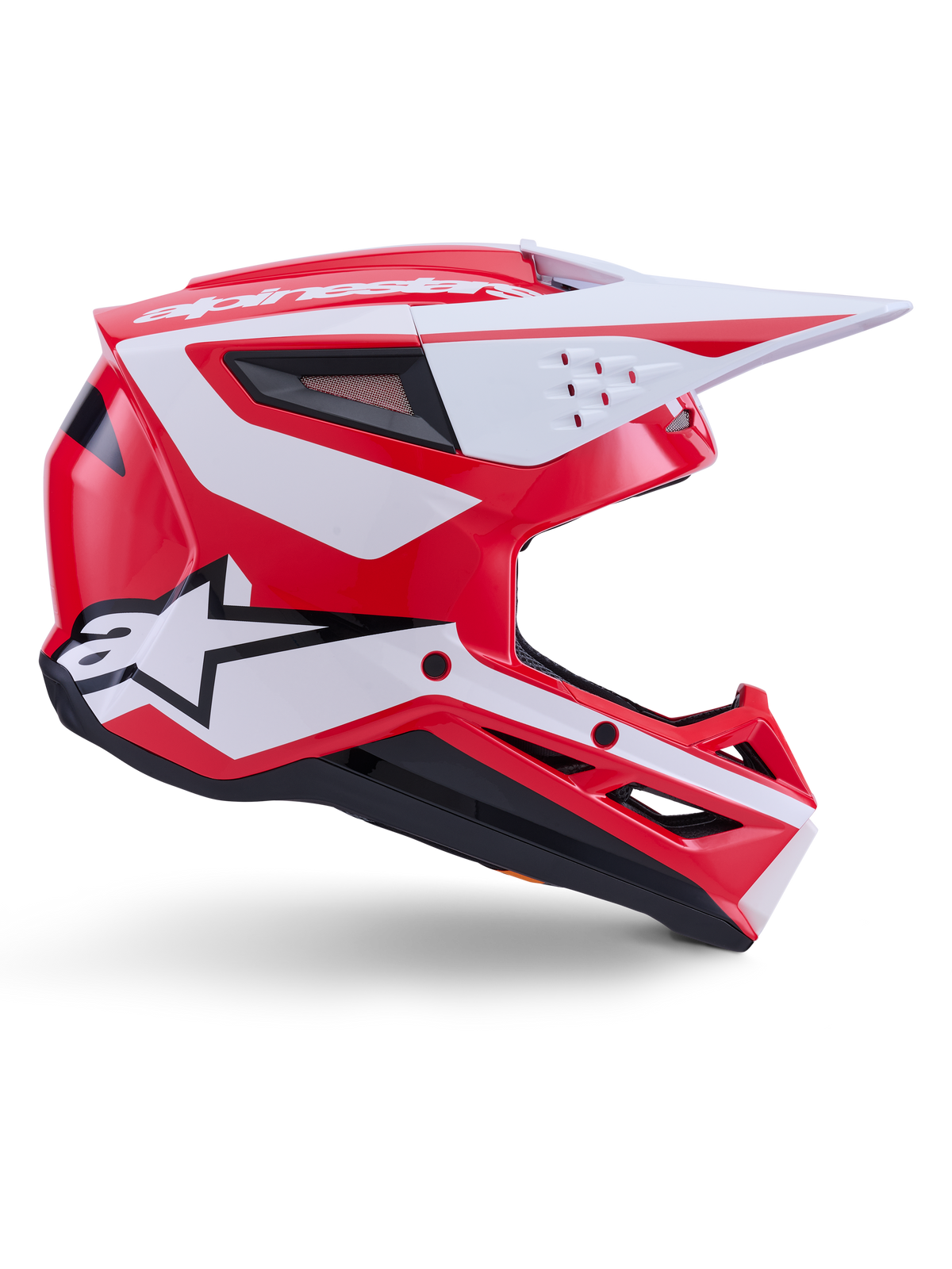 Alpinestars S-M3 Heat Helmet, glossy Red, White, and Black motocross helmet with ECE 22.06 certified off-road protection.