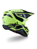 Alpinestars S-M3 Heat Helm, Motocross-Helm, Gelb Fluo und Schwarz glänzend, Dreiviertelansicht von hinten mit einer aerodynamischen Schale, integrierten Belüftungsöffnungen und markantem schwarzen Alpinestars-Branding, Hochglanz-Finish für Offroad-Performance.