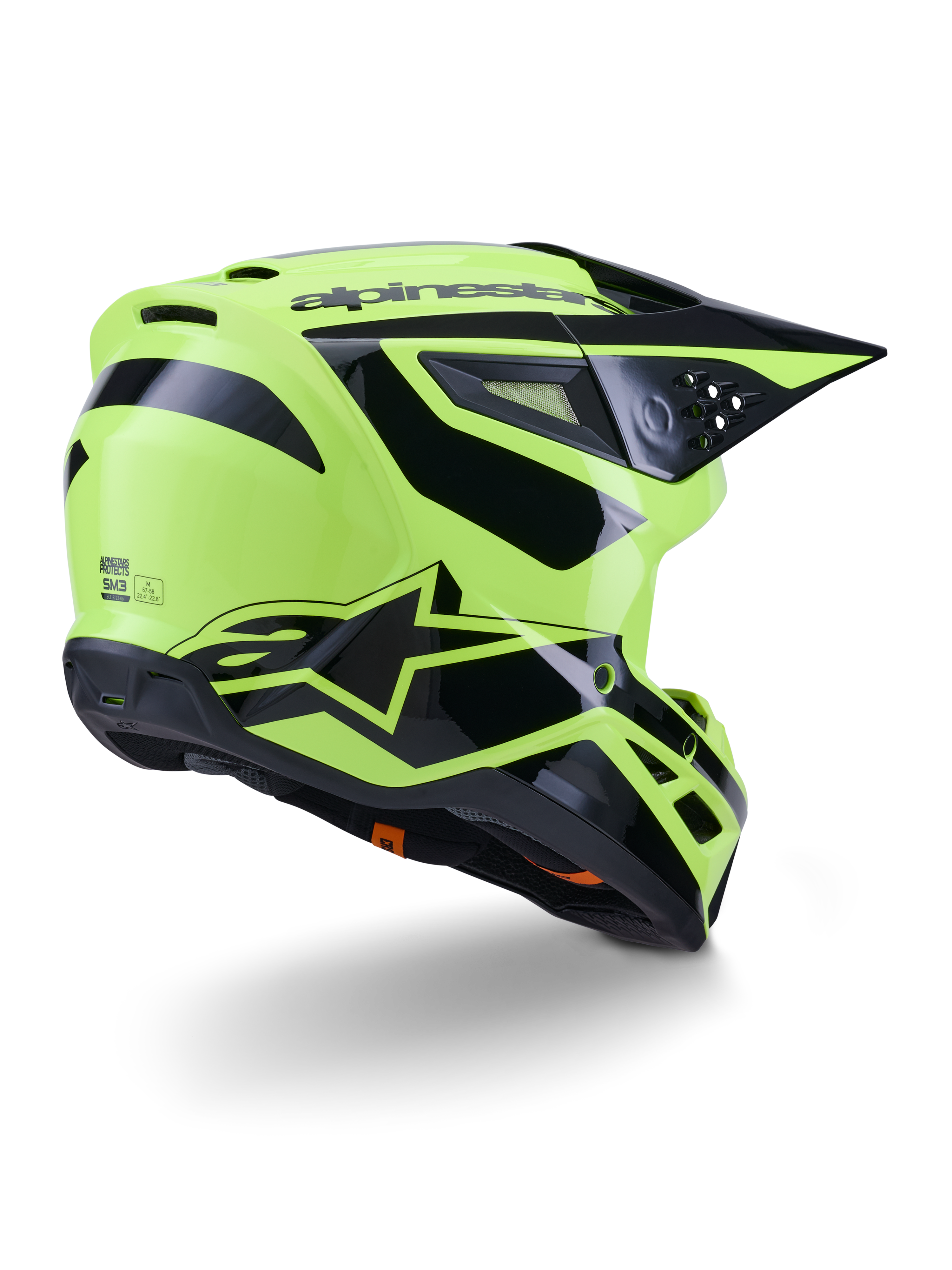 Alpinestars S-M3 Heat Helm, Motocross-Helm, Gelb Fluo und Schwarz glänzend, Dreiviertelansicht von hinten mit einer aerodynamischen Schale, integrierten Belüftungsöffnungen und markantem schwarzen Alpinestars-Branding, Hochglanz-Finish für Offroad-Performance.