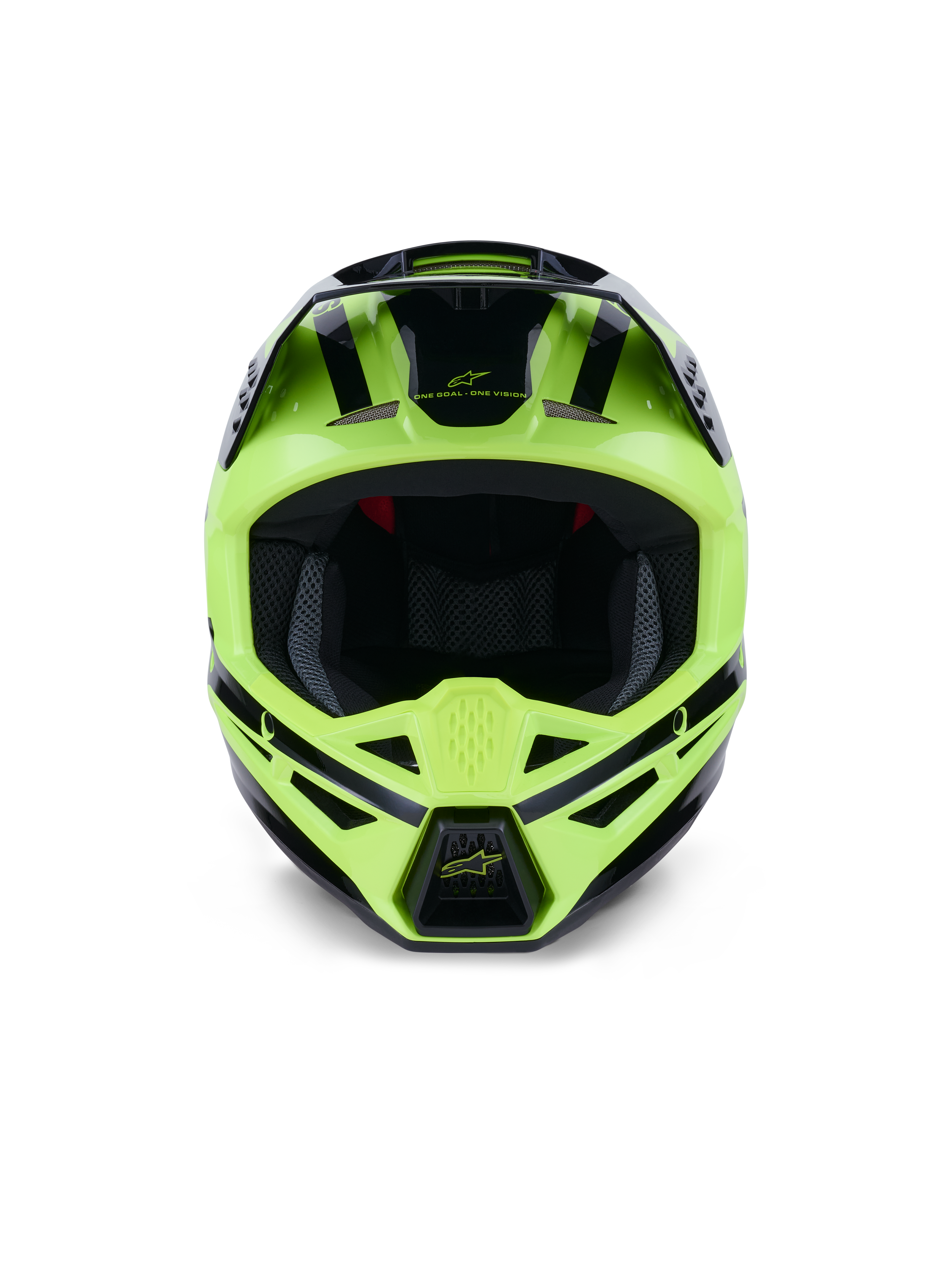 Alpinestars S-M3 Heat Helm, Frontansicht, Gelb Fluo und Schwarz Glänzend, professioneller Motocross- und Offroad-Helm, mit belüftetem Kinnbügel und schlankem aerodynamischem Design mit schwarzen Akzenten.