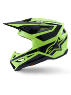 Alpinestars S-M3 Heat Helm, Motocross-Helm, Gelb Fluo und Schwarz Glänzend, Seitenansicht, mit kantiger thermogespritzter Schale, integriertem Visier, Belüftungsöffnungen und markantem Alpinestars-Branding, entwickelt für Offroad-Performance