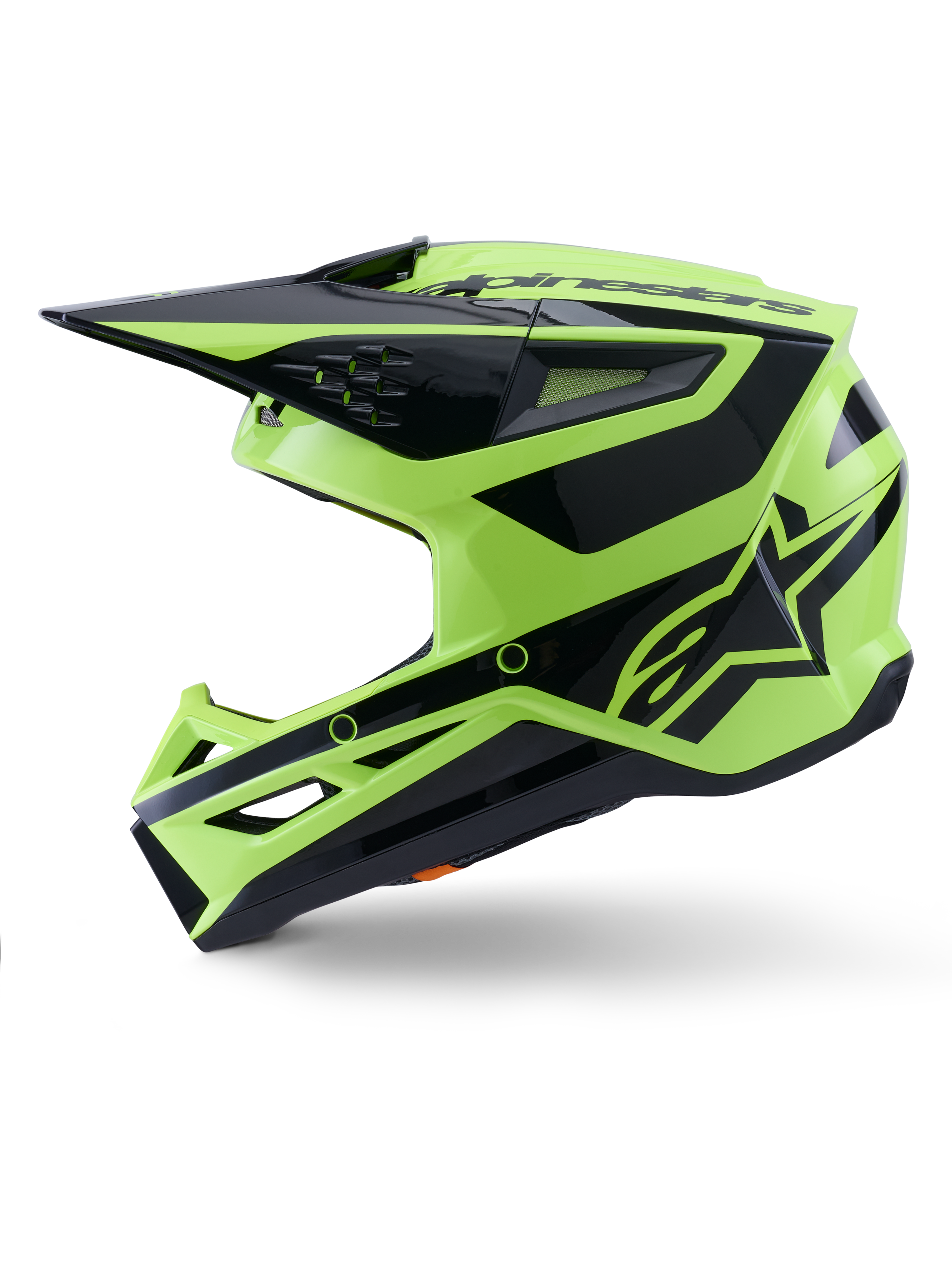 Alpinestars S-M3 Heat Helm, Motocross-Helm, Gelb Fluo und Schwarz Glänzend, Seitenansicht, mit kantiger thermogespritzter Schale, integriertem Visier, Belüftungsöffnungen und markantem Alpinestars-Branding, entwickelt für Offroad-Performance