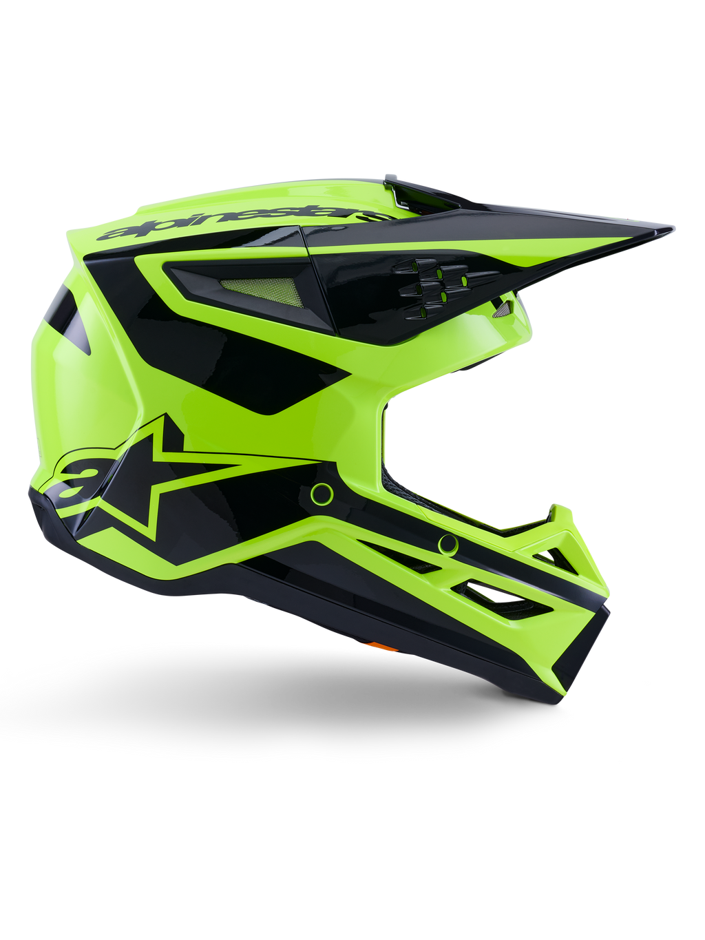 Alpinestars S-M3 Heat Helm, Motocross-Offroad-Helm, Neongelb und Schwarz glänzend, ECE 22.06 zertifiziert, Seitenprofil mit kantigem Design, spitzes Visier, mehrere Belüftungsöffnungen und markante schwarze geometrische Grafiken inklusive A-Star-Logo.