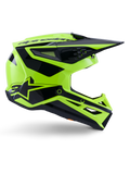 Alpinestars S-M3 Heat Helm, Motocross-Offroad-Helm, Neongelb und Schwarz glänzend, ECE 22.06 zertifiziert, Seitenprofil mit kantigem Design, spitzes Visier, mehrere Belüftungsöffnungen und markante schwarze geometrische Grafiken inklusive A-Star-Logo.