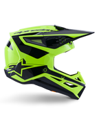 Alpinestars S-M3 Heat Helm, Motocross-Offroad-Helm, Neongelb und Schwarz glänzend, ECE 22.06 zertifiziert, Seitenprofil mit kantigem Design, spitzes Visier, mehrere Belüftungsöffnungen und markante schwarze geometrische Grafiken inklusive A-Star-Logo.