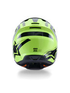 Alpinestars S-M3 Heat Helm, Motocross-Helm, Gelb Fluo und Schwarz Glänzend, Rückansicht mit markanten schwarzen Grafiken und Alpinestars-Logos, aerodynamische Schale mit integrierten Belüftungsöffnungen, gut sichtbare Offroad-Ausrüstung