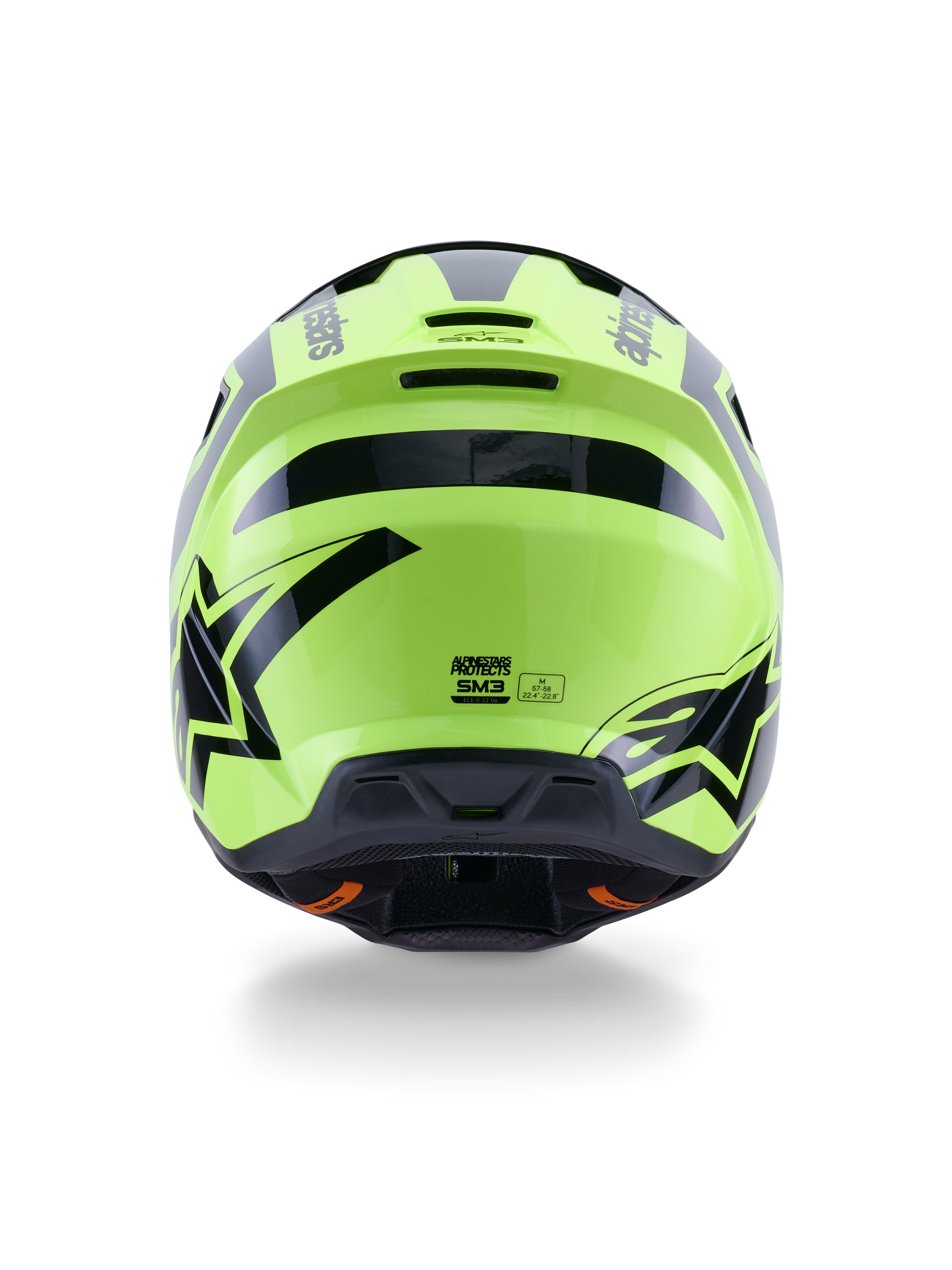 Alpinestars S-M3 Heat Helm, Motocross-Helm, Gelb Fluo und Schwarz Glänzend, Rückansicht mit markanten schwarzen Grafiken und Alpinestars-Logos, aerodynamische Schale mit integrierten Belüftungsöffnungen, gut sichtbare Offroad-Ausrüstung