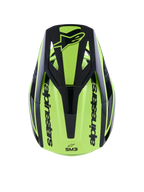 Alpinestars S-M3 Heat Helm, Motocross-Helm, Gelb Fluo und Schwarz Glänzend, Draufsicht mit schwarzem Visier mit Logo und Alpinestars-Branding an den Seiten, schlanke thermoplastische Schale für Offroad-Rennsport