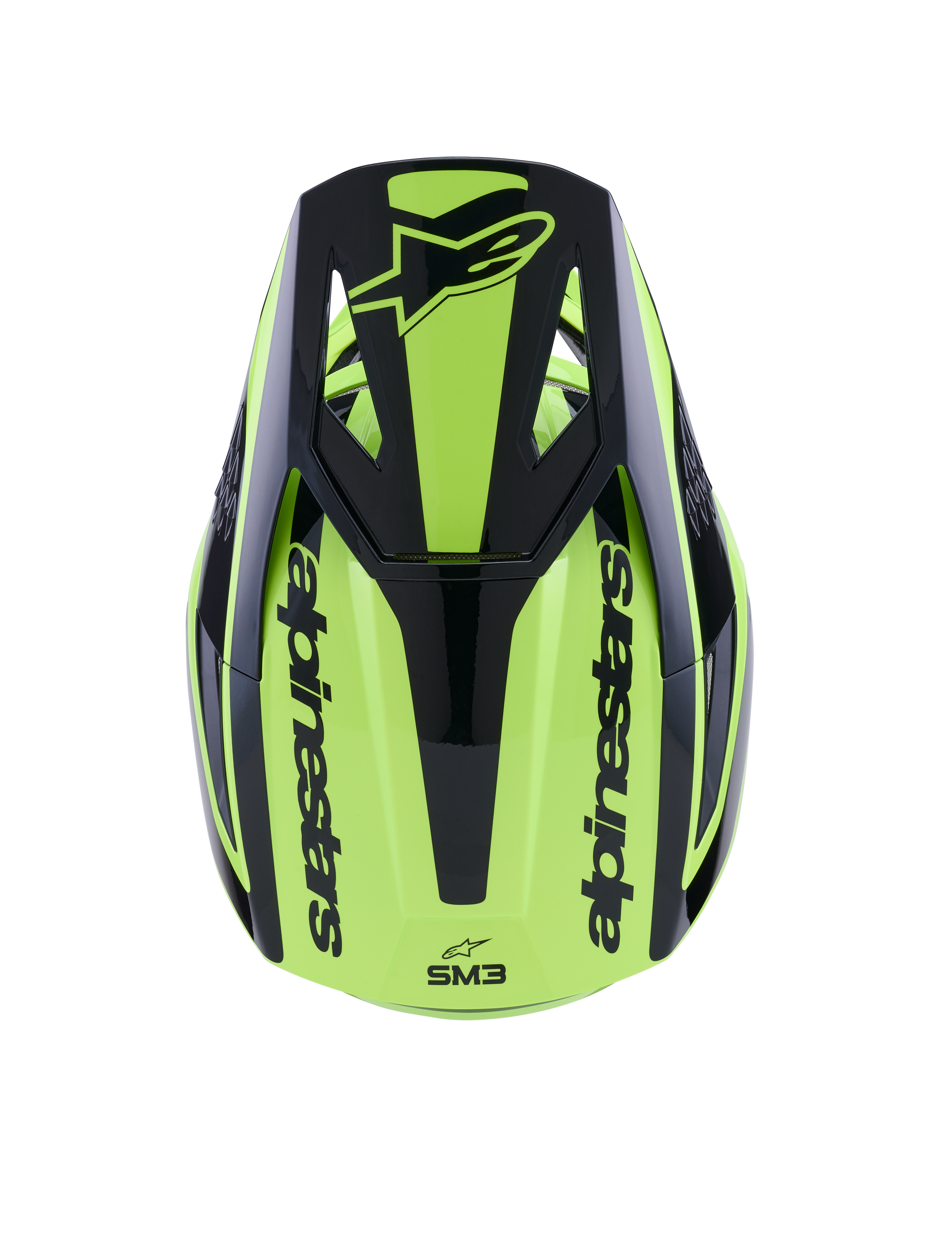 Alpinestars S-M3 Heat Helm, Motocross-Helm, Gelb Fluo und Schwarz Glänzend, Draufsicht mit schwarzem Visier mit Logo und Alpinestars-Branding an den Seiten, schlanke thermoplastische Schale für Offroad-Rennsport
