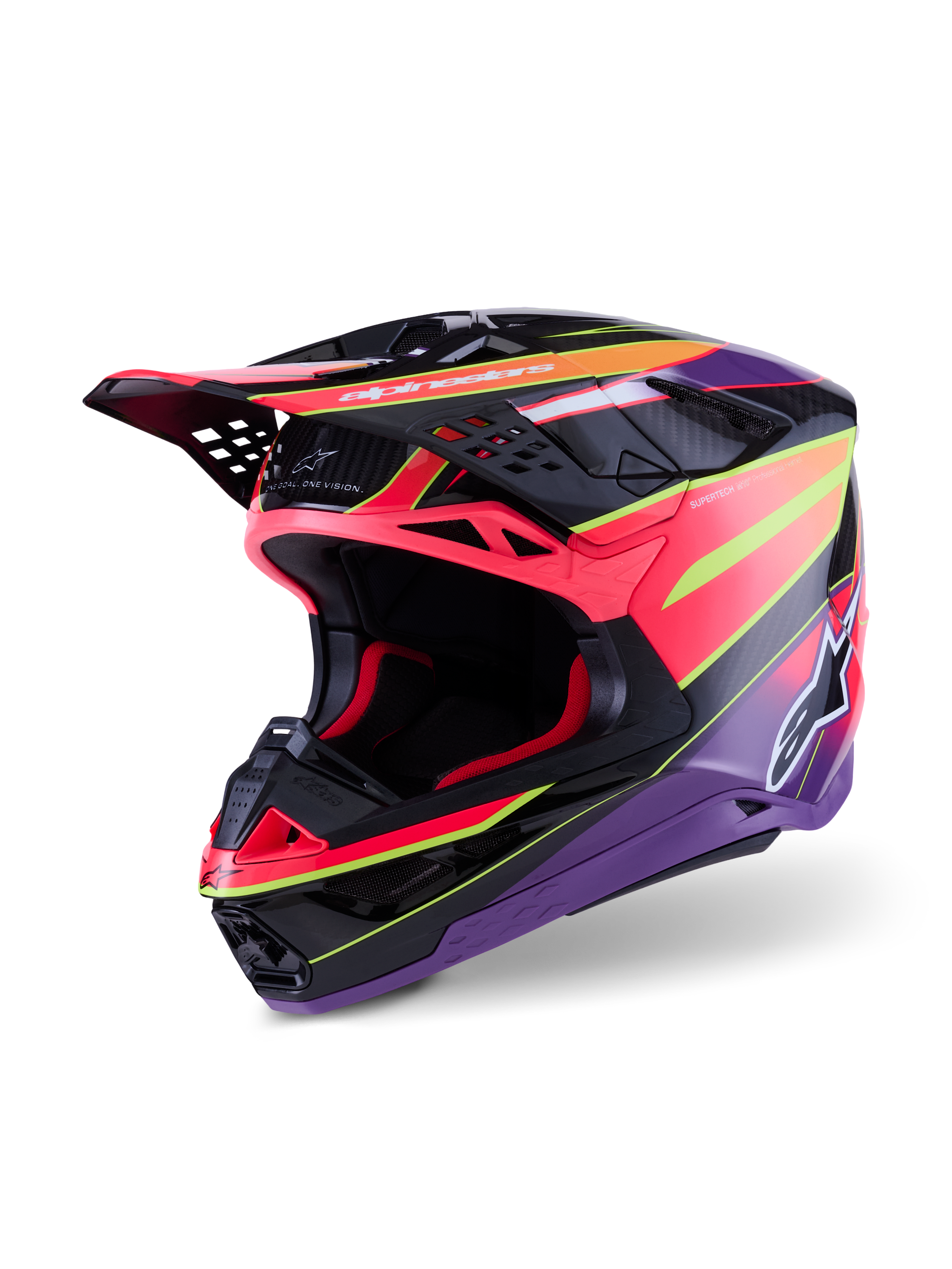 Alpinestars Supertech M10 Era Helm, Motocross-Helm, Pink, Violett und Gelb Fluo Glänzend, mit Multi-Composite-Carbon-Schale, aerodynamischem Design mit 28 Belüftungsöffnungen, glänzendes Finish mit lebhaften Grafiken und Alpinestars-Branding, professionelle Offroad-Rennausrüstung