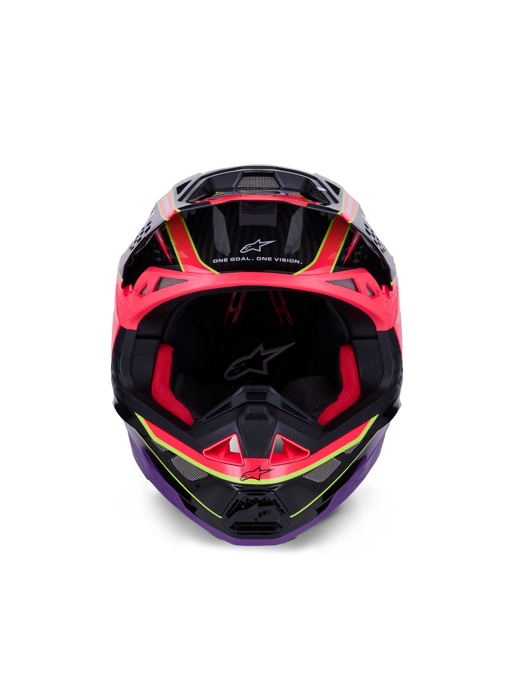 Alpinestars Supertech M10 Era Helm, Motocross-Helm, Pink, Violett und Fluo-Gelb Glänzend, Frontansicht mit roter Innenpolsterung und Carbonfaser-Details, mit „One Goal. One Vision.“ Schriftzug, professioneller Offroad-Rennschutz