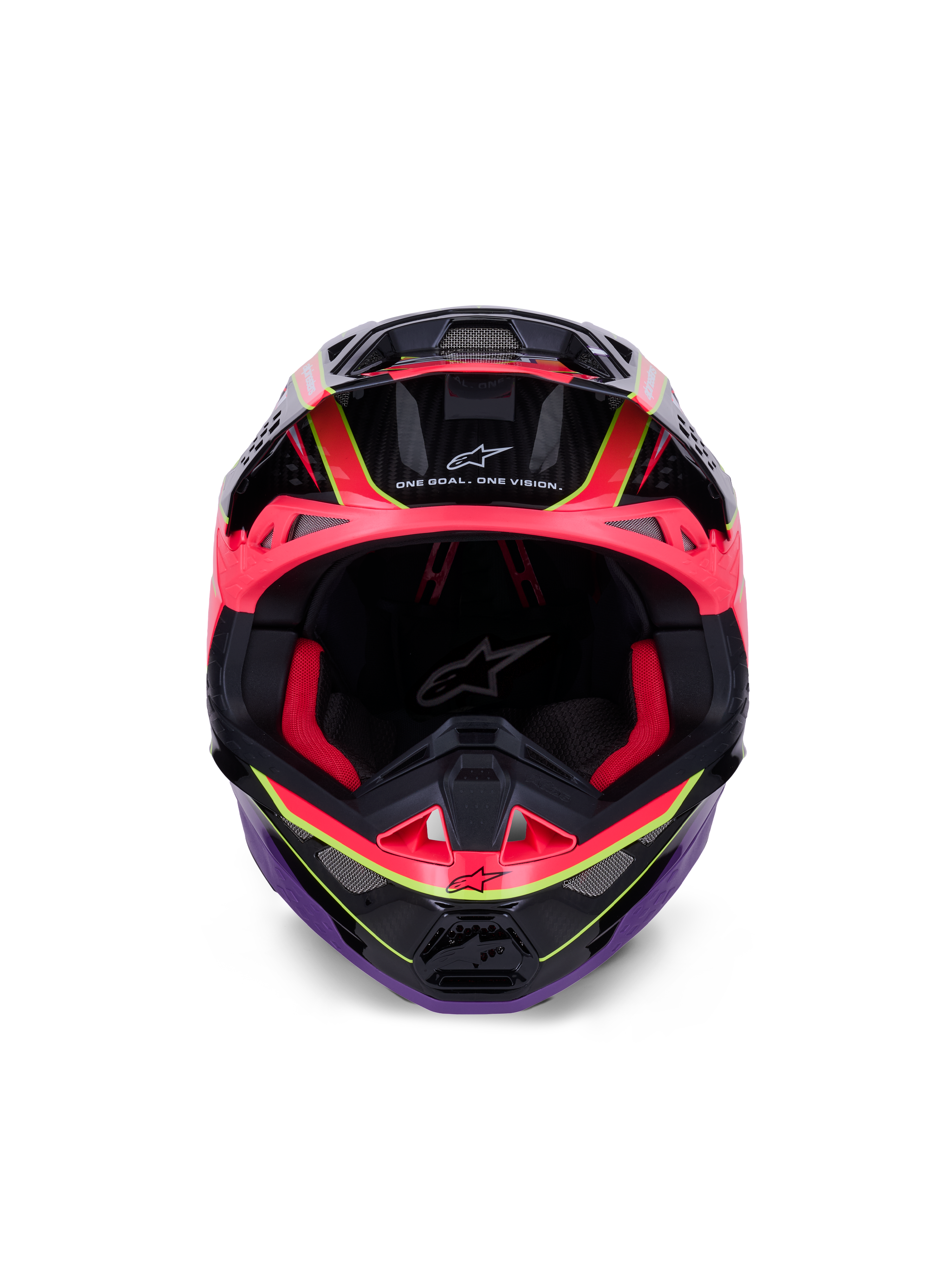 Alpinestars Supertech M10 Era Helm, Motocross-Helm, Pink, Violett und Fluo-Gelb Glänzend, Frontansicht mit roter Innenpolsterung und Carbonfaser-Details, mit „One Goal. One Vision.“ Schriftzug, professioneller Offroad-Rennschutz