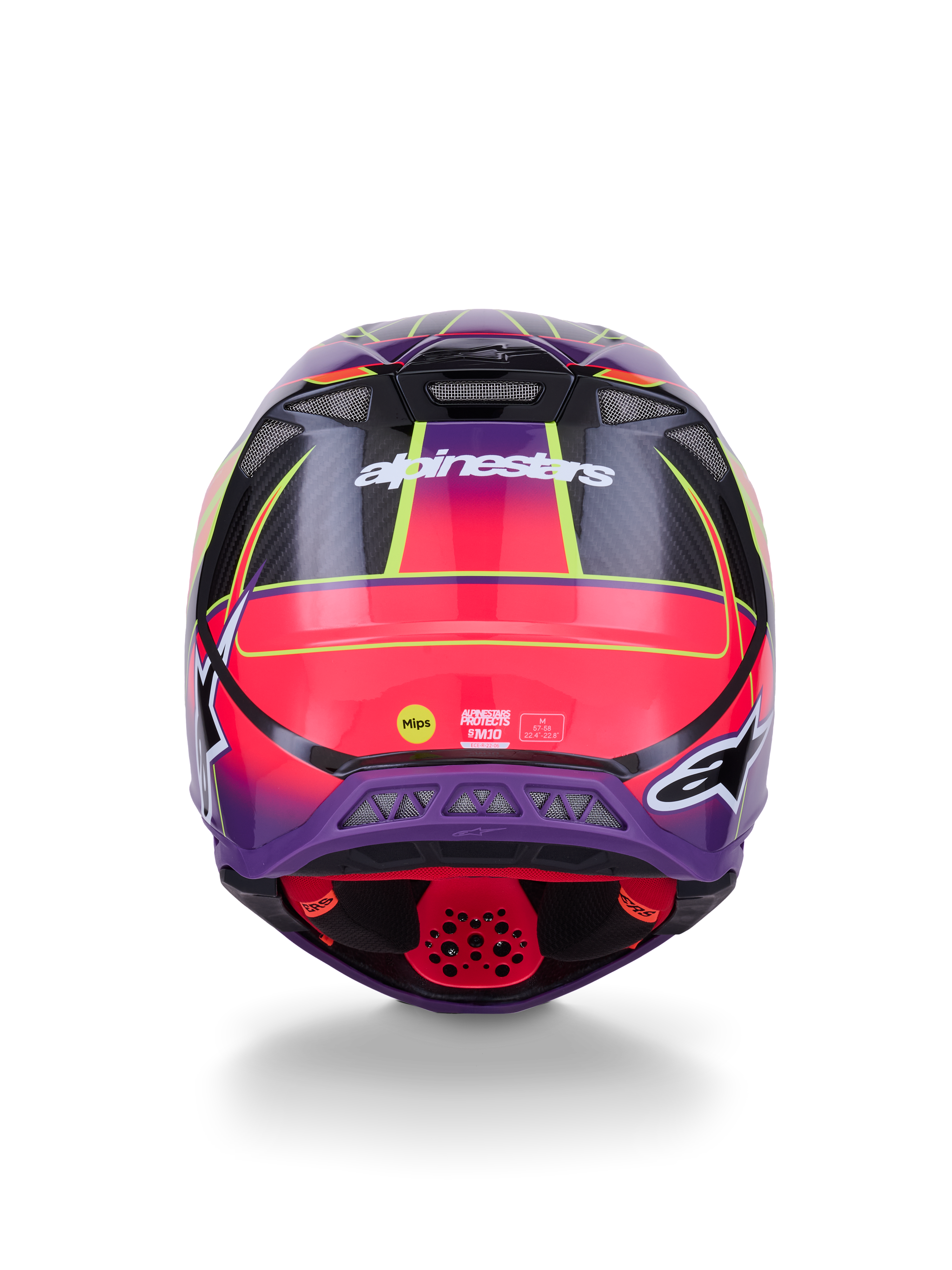 Alpinestars Supertech M10 Era Helm ECE 22.06, Rückansicht, Pink, Violett und Gelb Fluo Glänzend, Motocross-Helm mit Carbon-Konstruktion und MIPS-Schutztechnologie