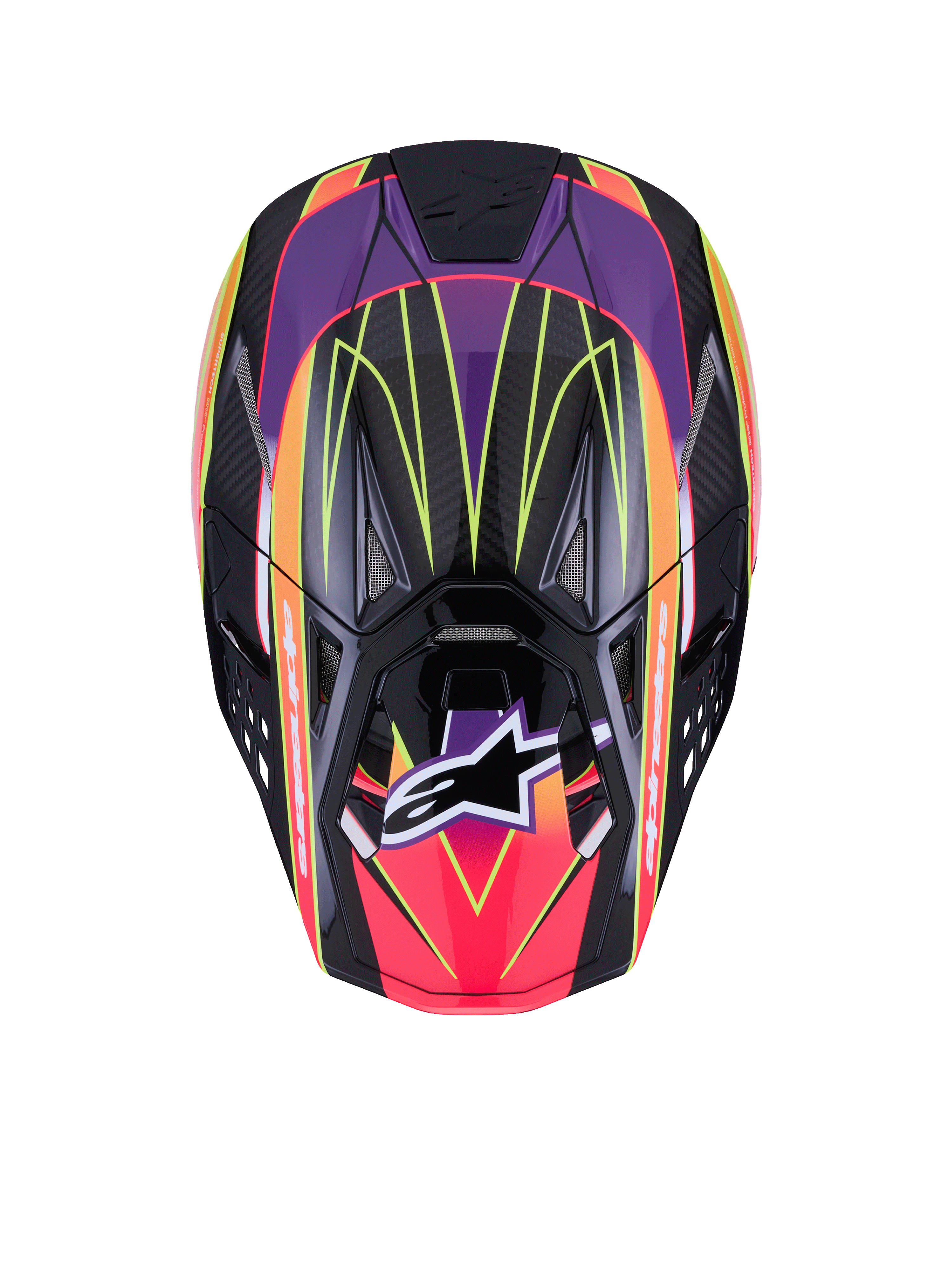 Alpinestars Supertech M10 Era Helm ECE 22.06, Motocross-Helm, Pink, Violett und Gelb Fluo glänzend, Draufsicht mit hochdichter Carbon-Schale und glänzendem Finish, lebendige geometrische Muster, integrierte Belüftungsöffnungen und charakteristisches Alpinestars-Logo