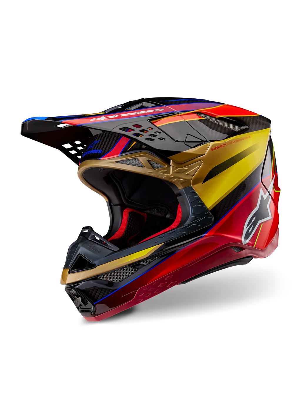 Alpinestars Supertech M10 Era Helm, Motocross-Helm, Goldgelb Rio-Rot Glänzend, schlanke aerodynamische Carbonfaserschale mit leuchtend roten und goldenen Grafiken, mit mehreren Einlass- und Auslassöffnungen, weißem Alpinestars-Logo und glänzendem Finish