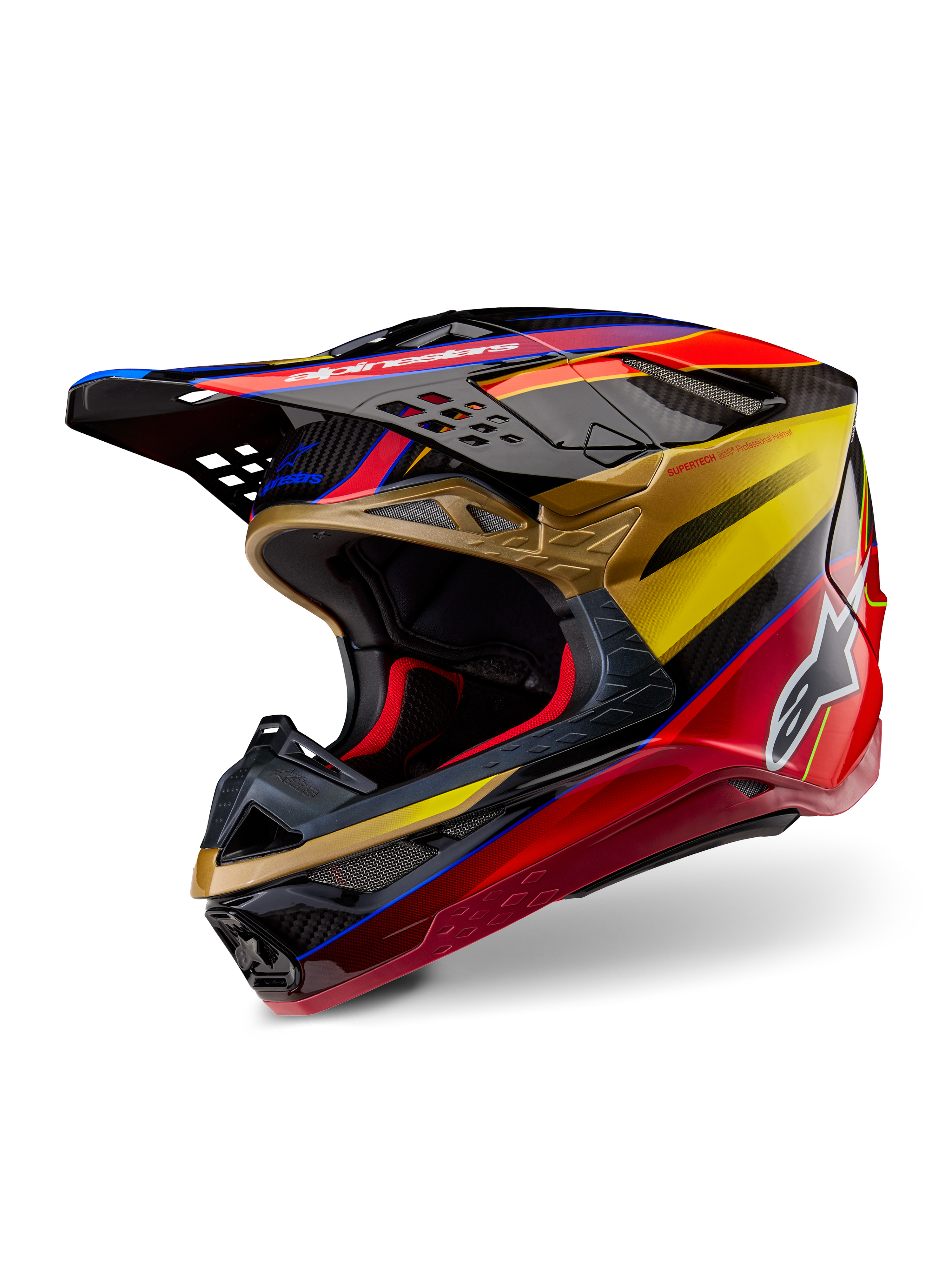 Alpinestars Supertech M10 Era Helm, Motocross-Helm, Goldgelb Rio-Rot Glänzend, schlanke aerodynamische Carbonfaserschale mit leuchtend roten und goldenen Grafiken, mit mehreren Einlass- und Auslassöffnungen, weißem Alpinestars-Logo und glänzendem Finish
