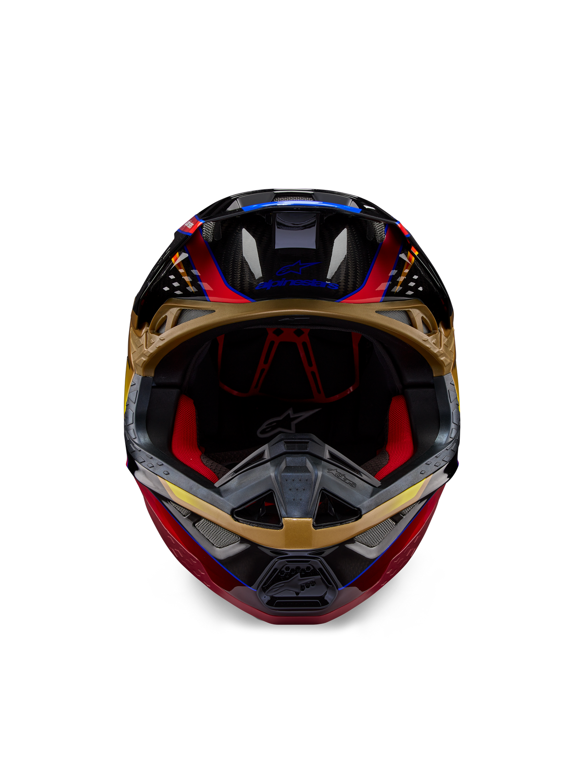 Alpinestars Supertech M10 Era Helm, Motocross-Helm, Goldgelb und Rio-Rot glänzend, Vorderansicht mit Details der Carbonfaser-Schale und roter Innenpolsterung, aerodynamisches Design für Offroad-Rennsport