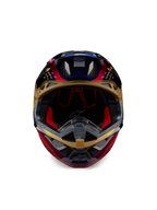 Alpinestars Supertech M10 Era Helm, Motocross-Helm, Goldgelb und Rio-Rot glänzend, Vorderansicht mit Details der Carbonfaser-Schale und roter Innenpolsterung, aerodynamisches Design für Offroad-Rennsport