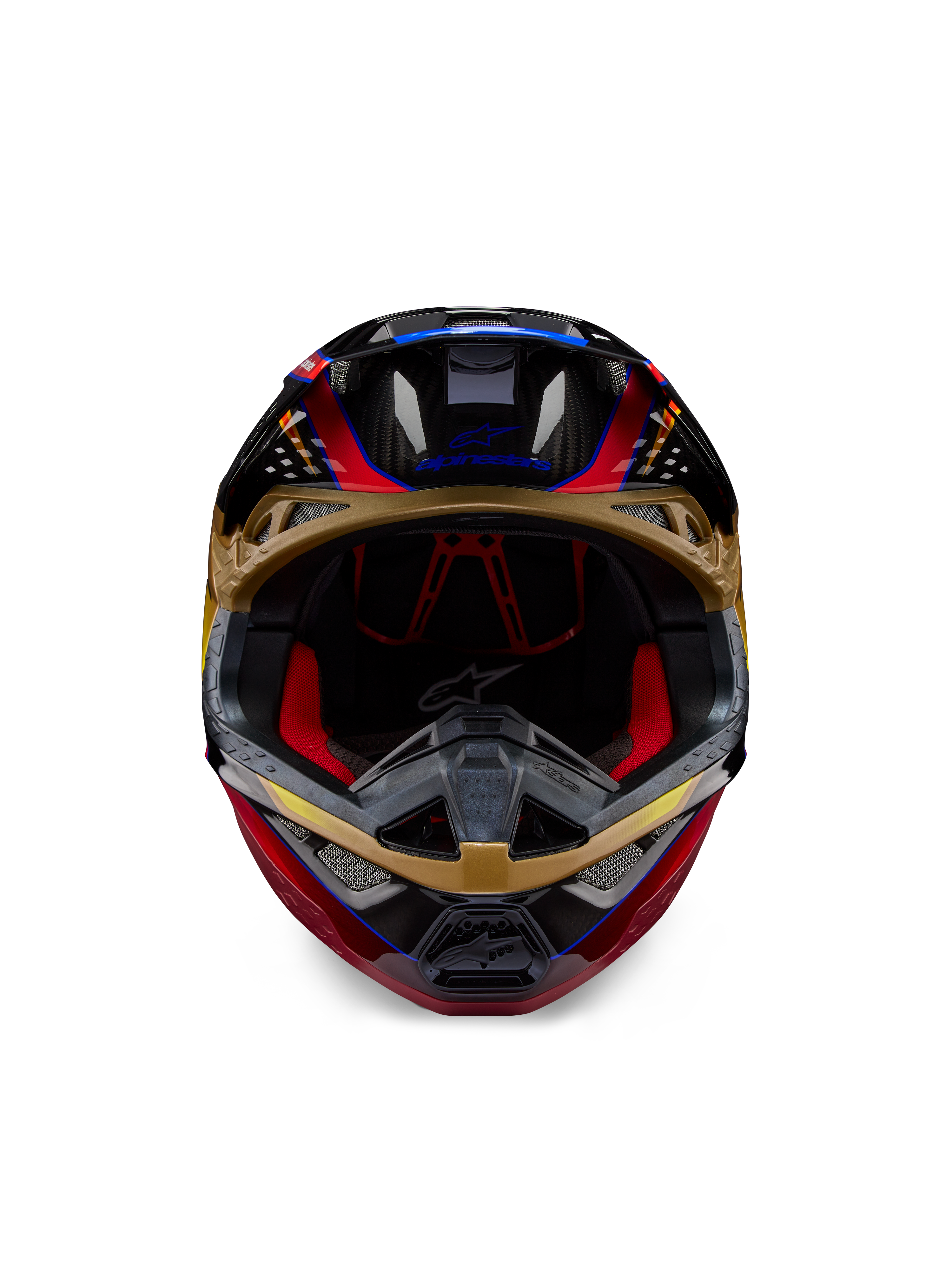 Alpinestars Supertech M10 Era Helm, Motocross-Helm, Goldgelb und Rio-Rot glänzend, Vorderansicht mit Details der Carbonfaser-Schale und roter Innenpolsterung, aerodynamisches Design für Offroad-Rennsport