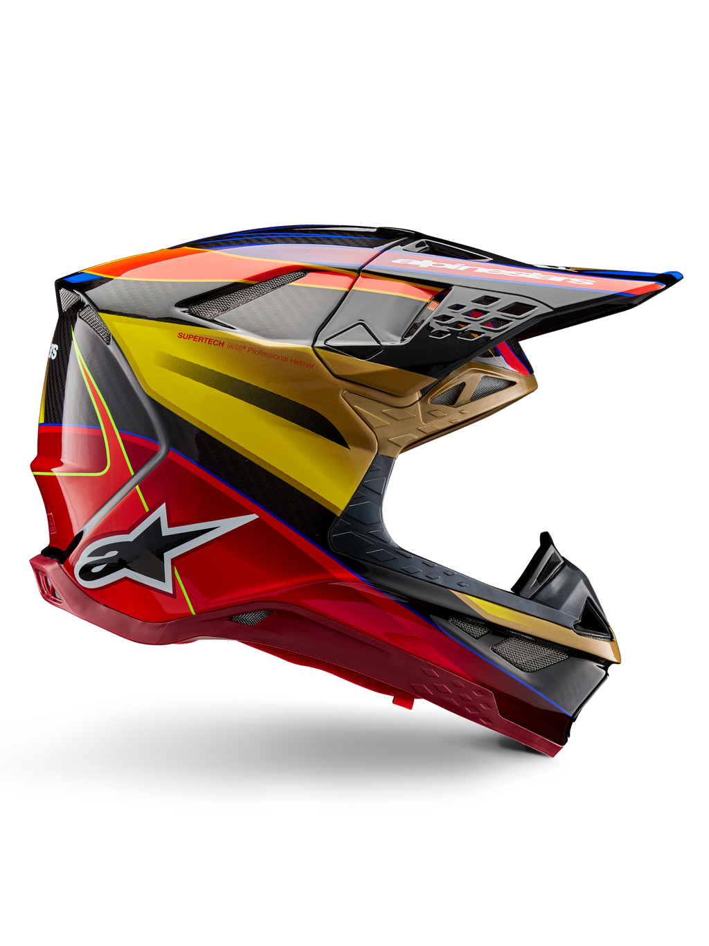 Alpinestars Supertech M10 Era Helm, Motocross-Rennhelm, Goldgelb und Rio Rot glänzend mit blauen und schwarzen Akzenten, aerodynamisches Design mit integriertem Visier, mehrere mit Mesh abgedeckte Belüftungsöffnungen und Carbon-Details, ECE 22.06 zertifiziert