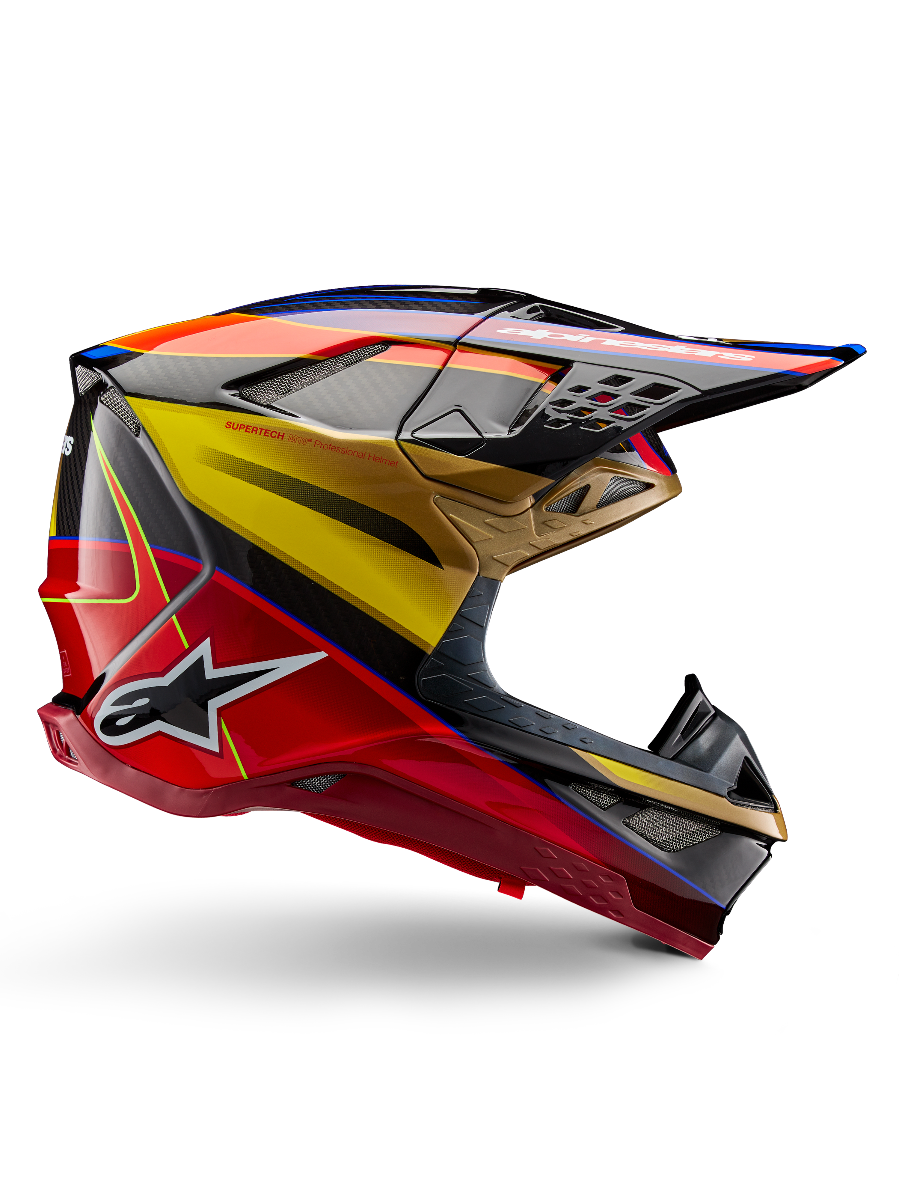 Alpinestars Supertech M10 Era Helm, Motocross-Rennhelm, Goldgelb und Rio Rot glänzend mit blauen und schwarzen Akzenten, aerodynamisches Design mit integriertem Visier, mehrere mit Mesh abgedeckte Belüftungsöffnungen und Carbon-Details, ECE 22.06 zertifiziert