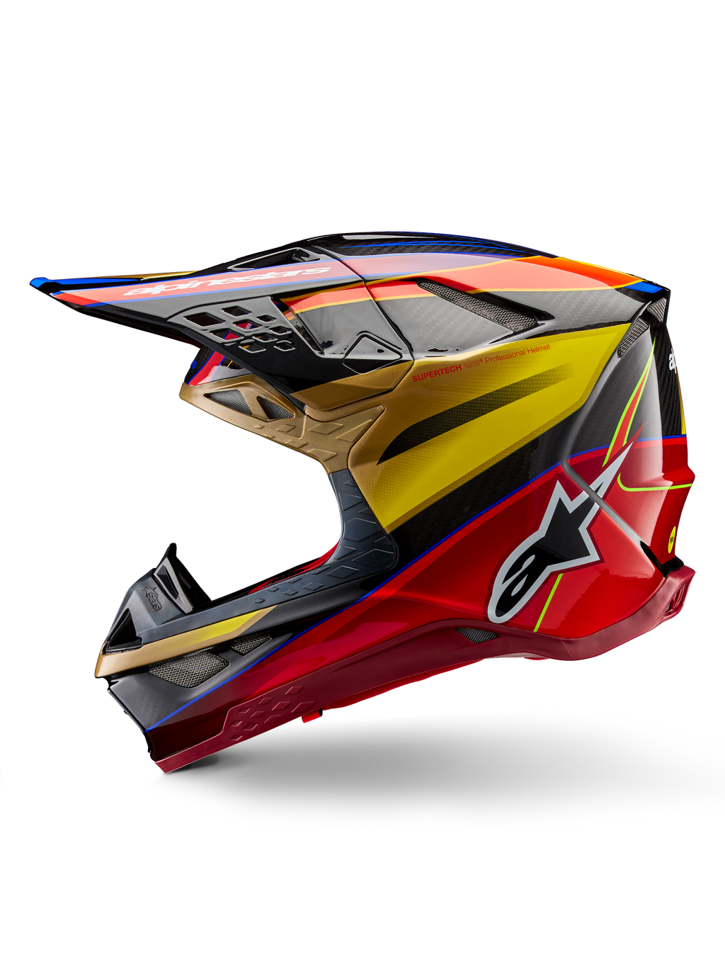 Alpinestars Supertech M10 Era Helm, Motocross-Helm, Goldgelb und Rio-Rot Glänzend, Seitenprofil mit Carbonfaser-Textur und markanten Grafiken, Alpinestars-Stern-Logo, aerodynamische Form mit mehreren Belüftungsöffnungen, professioneller Schutz für den Offroad-Rennsport