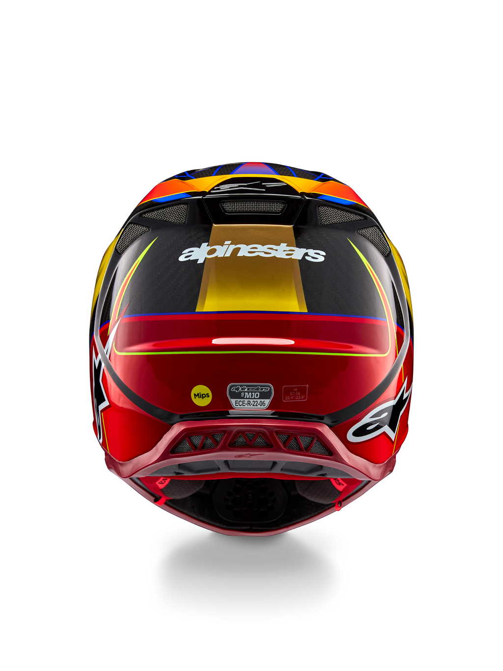 Alpinestars Supertech M10 Era Helm, Motocross-Helm, Gold-Gelb und Rio-Rot glänzend, Rückansicht mit weißem Alpinestars-Branding, MIPS-Logo und aerodynamischen Belüftungsöffnungen, Multi-Composite-Kohlefaser-Konstruktion mit blauen Akzenten