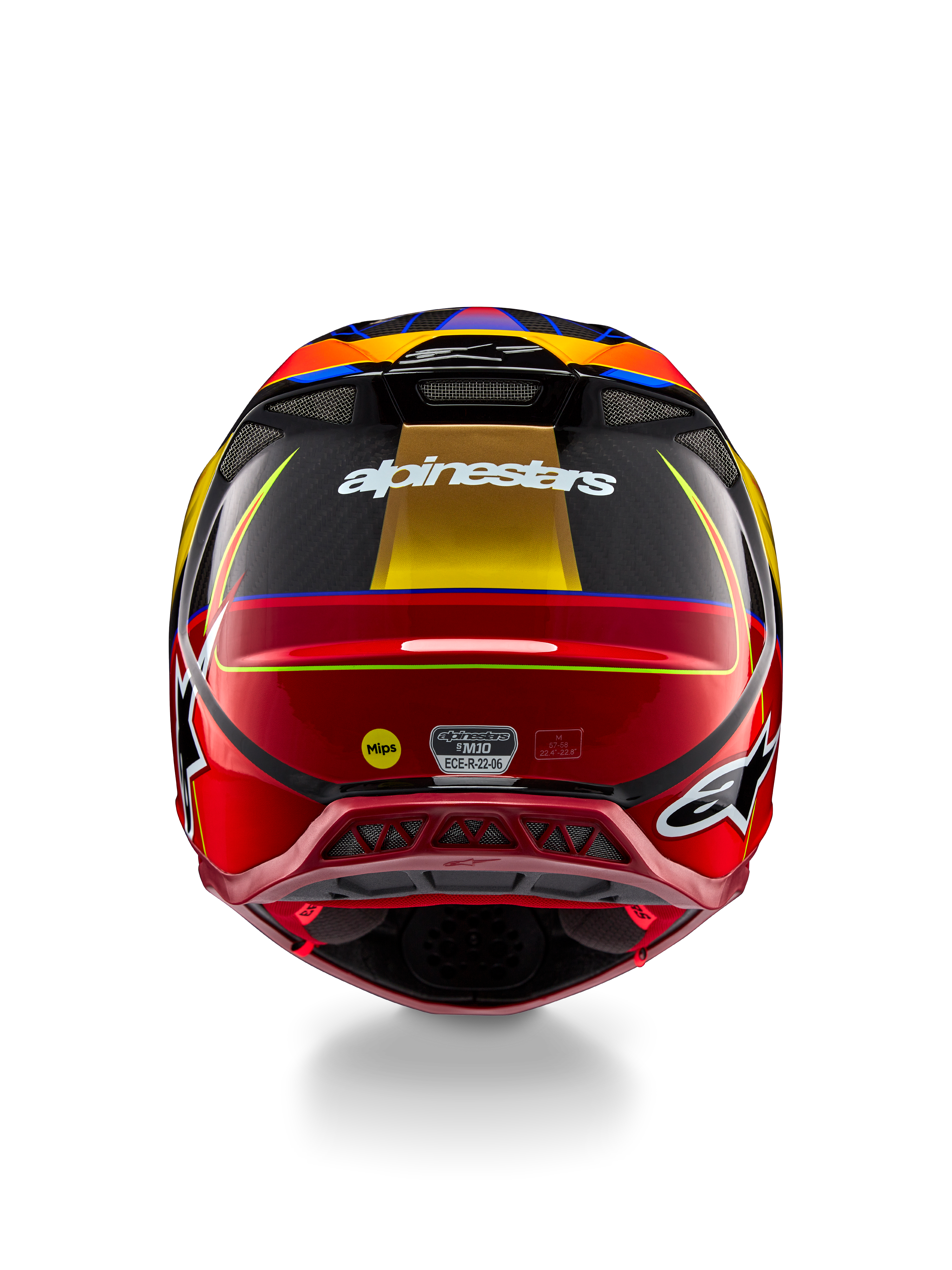 Alpinestars Supertech M10 Era Helm, Motocross-Helm, Gold-Gelb und Rio-Rot glänzend, Rückansicht mit weißem Alpinestars-Branding, MIPS-Logo und aerodynamischen Belüftungsöffnungen, Multi-Composite-Kohlefaser-Konstruktion mit blauen Akzenten