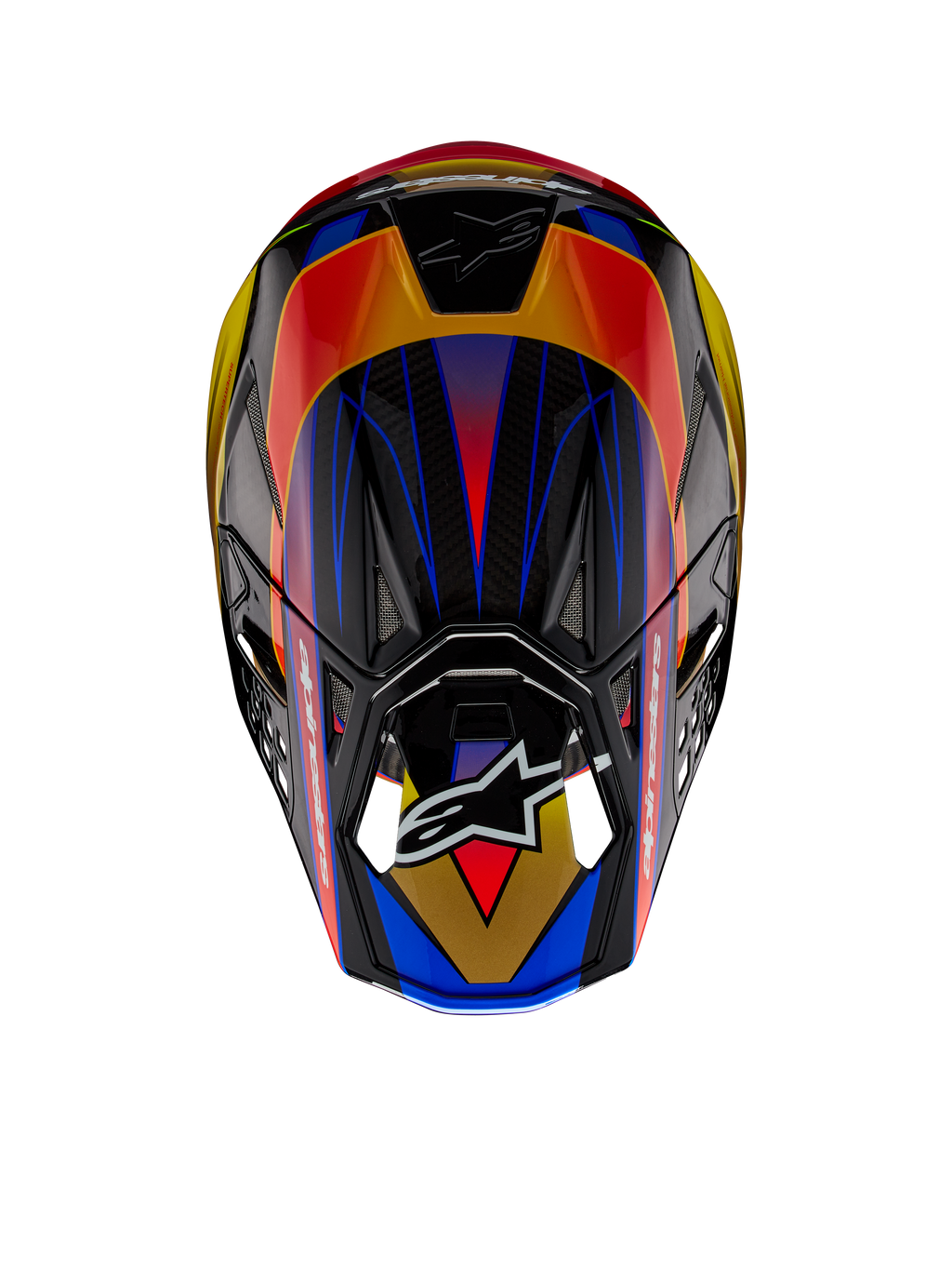 Alpinestars Supertech M10 Era ECE Helm, Motocross-Helm, Gold-Gelb Rio-Rot Glänzend, Draufsicht mit lebhaften geometrischen Mustern in Blau und Gelb, glänzendes Finish mit sichtbarer Carbon-Schalenstruktur, Alpinestars-Logo auf dem Visier