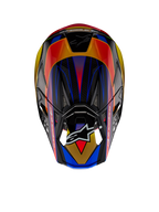 Alpinestars Supertech M10 Era ECE Helm, Motocross-Helm, Gold-Gelb Rio-Rot Glänzend, Draufsicht mit lebhaften geometrischen Mustern in Blau und Gelb, glänzendes Finish mit sichtbarer Carbon-Schalenstruktur, Alpinestars-Logo auf dem Visier