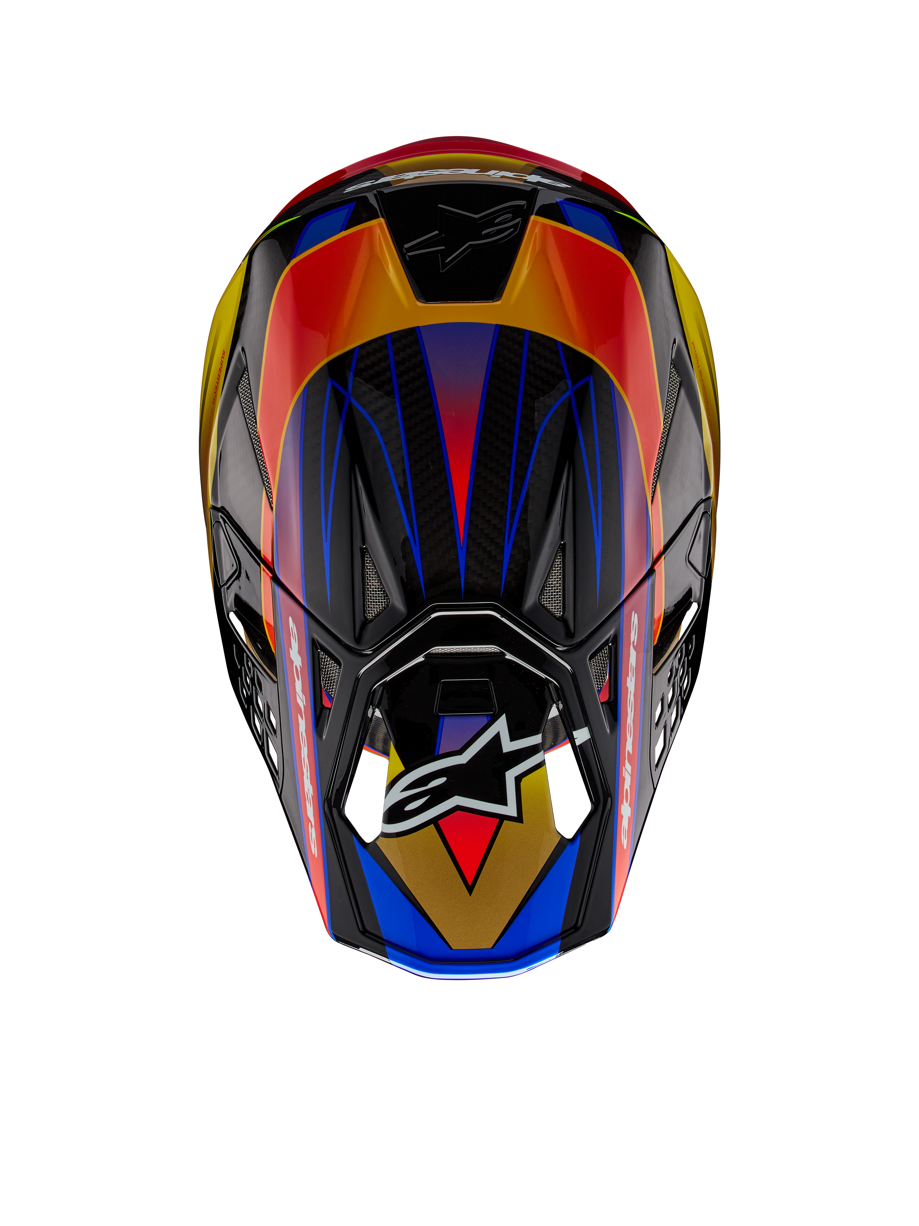 Alpinestars Supertech M10 Era ECE Helm, Motocross-Helm, Gold-Gelb Rio-Rot Glänzend, Draufsicht mit lebhaften geometrischen Mustern in Blau und Gelb, glänzendes Finish mit sichtbarer Carbon-Schalenstruktur, Alpinestars-Logo auf dem Visier