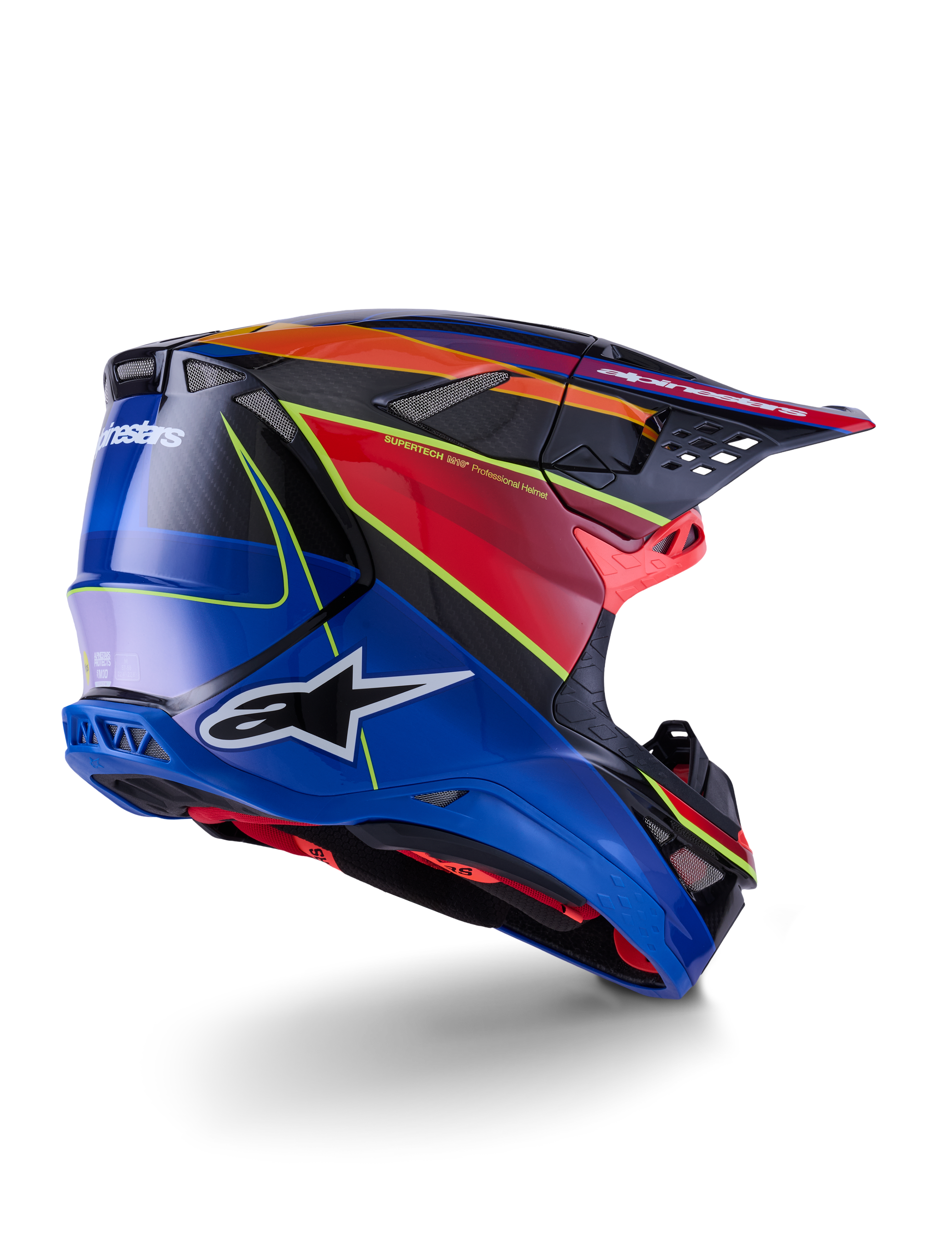 Alpinestars Supertech M10 Era Helm, Motocross-Helm, Blau, Rot und Gelb Fluo Glänzend, Rückseiten-Profilansicht mit Carbonfasergewebe-Details, markantem Alpinestars-Branding, integrierten Belüftungsöffnungen und Hochglanz-Finish für Offroad-Performance.