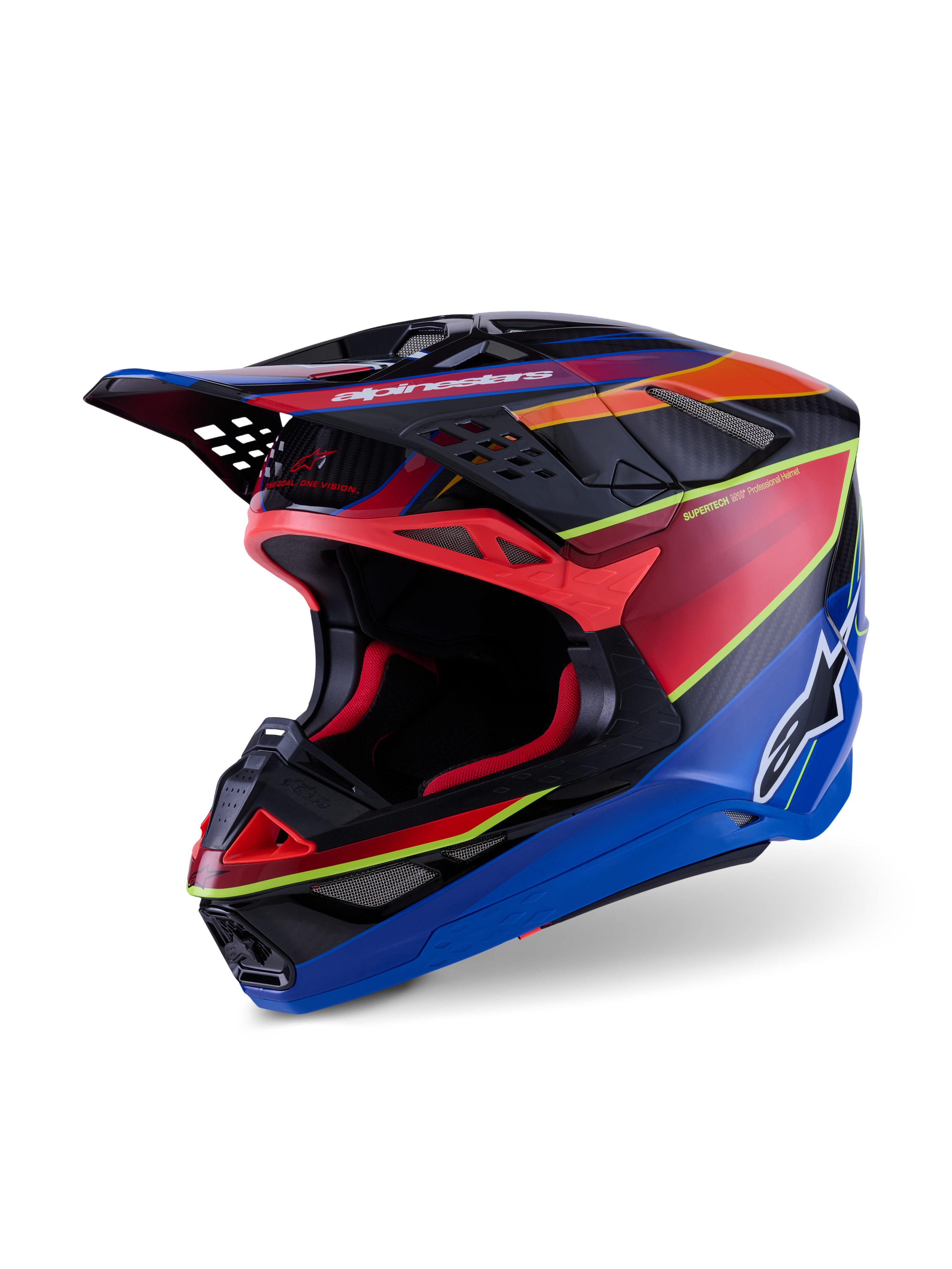 Alpinestars Supertech M10 Era Helm, Motocross-Helm, Blau, Rot und Gelb Fluo Glänzend, professionelles Multi-Composite-Carbon-Schalendesign mit fortschrittlichen Belüftungsöffnungen und aerodynamischem Visier für Offroad-Rennsport