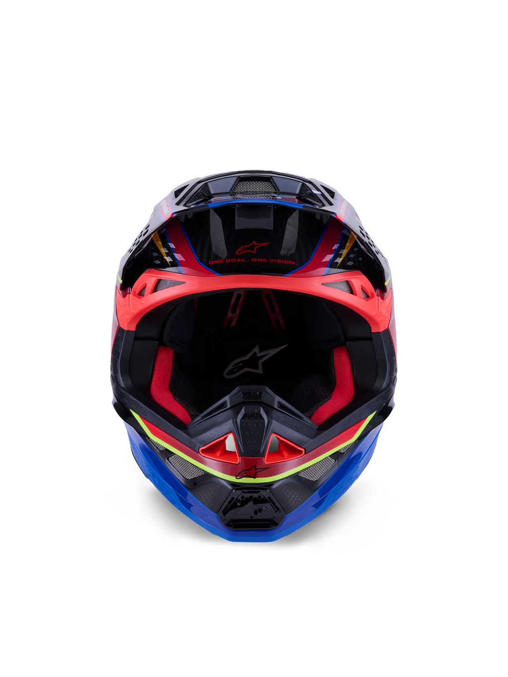 Alpinestars Supertech M10 Era Helm, Motocross-Helm, Blau, Rot und Neongelb Glänzend, Vorderansicht mit roter Innenpolsterung und aggressiven Belüftungsöffnungen, glänzende 3K-Carbon-Schale mit aerodynamischem Design für Offroad-Rennsport