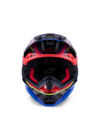 Alpinestars Supertech M10 Era Helm, Motocross-Helm, Blau, Rot und Neongelb Glänzend, Vorderansicht mit roter Innenpolsterung und aggressiven Belüftungsöffnungen, glänzende 3K-Carbon-Schale mit aerodynamischem Design für Offroad-Rennsport