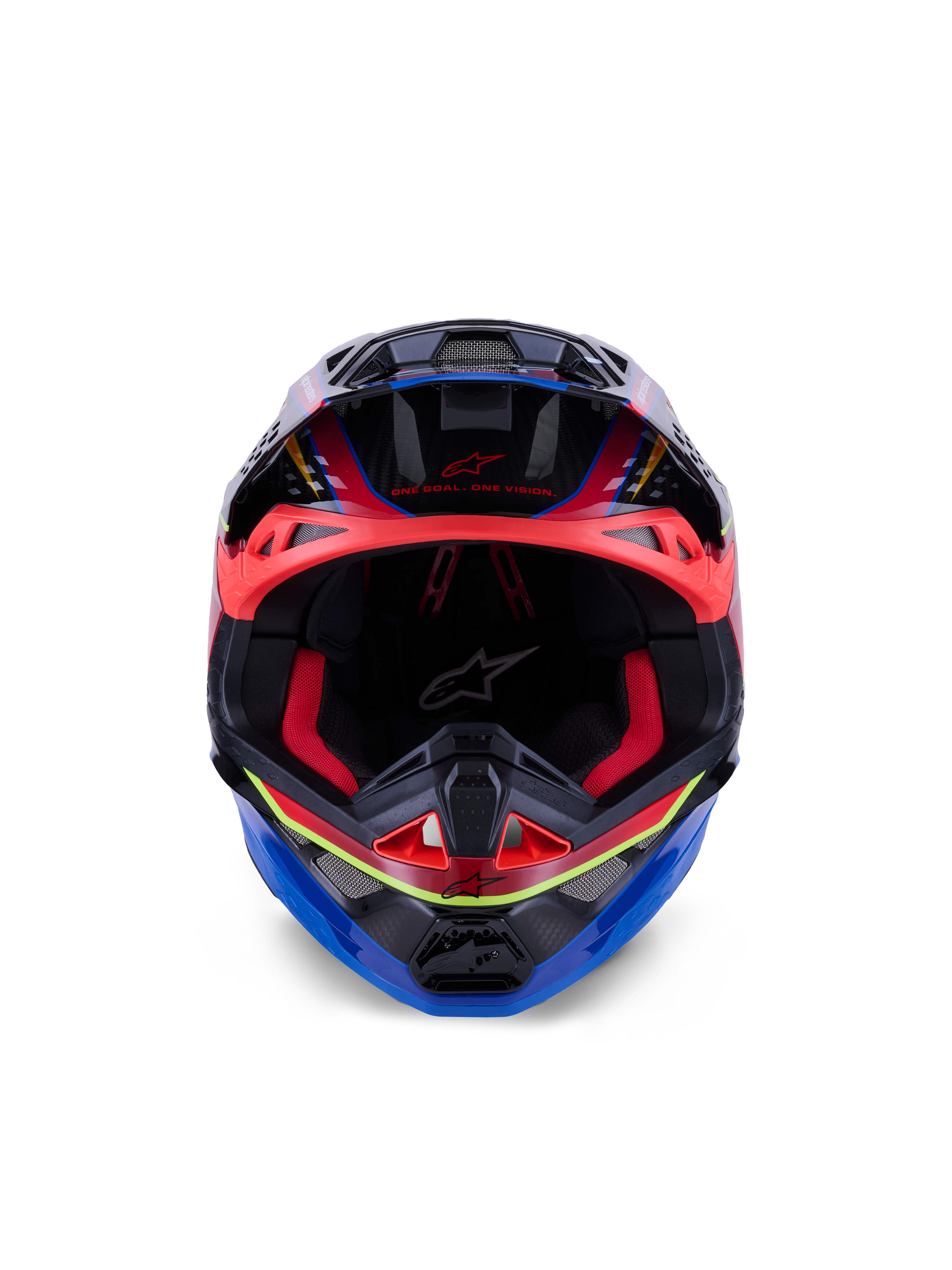 Alpinestars Supertech M10 Era Helm, Motocross-Helm, Blau, Rot und Neongelb Glänzend, Vorderansicht mit roter Innenpolsterung und aggressiven Belüftungsöffnungen, glänzende 3K-Carbon-Schale mit aerodynamischem Design für Offroad-Rennsport
