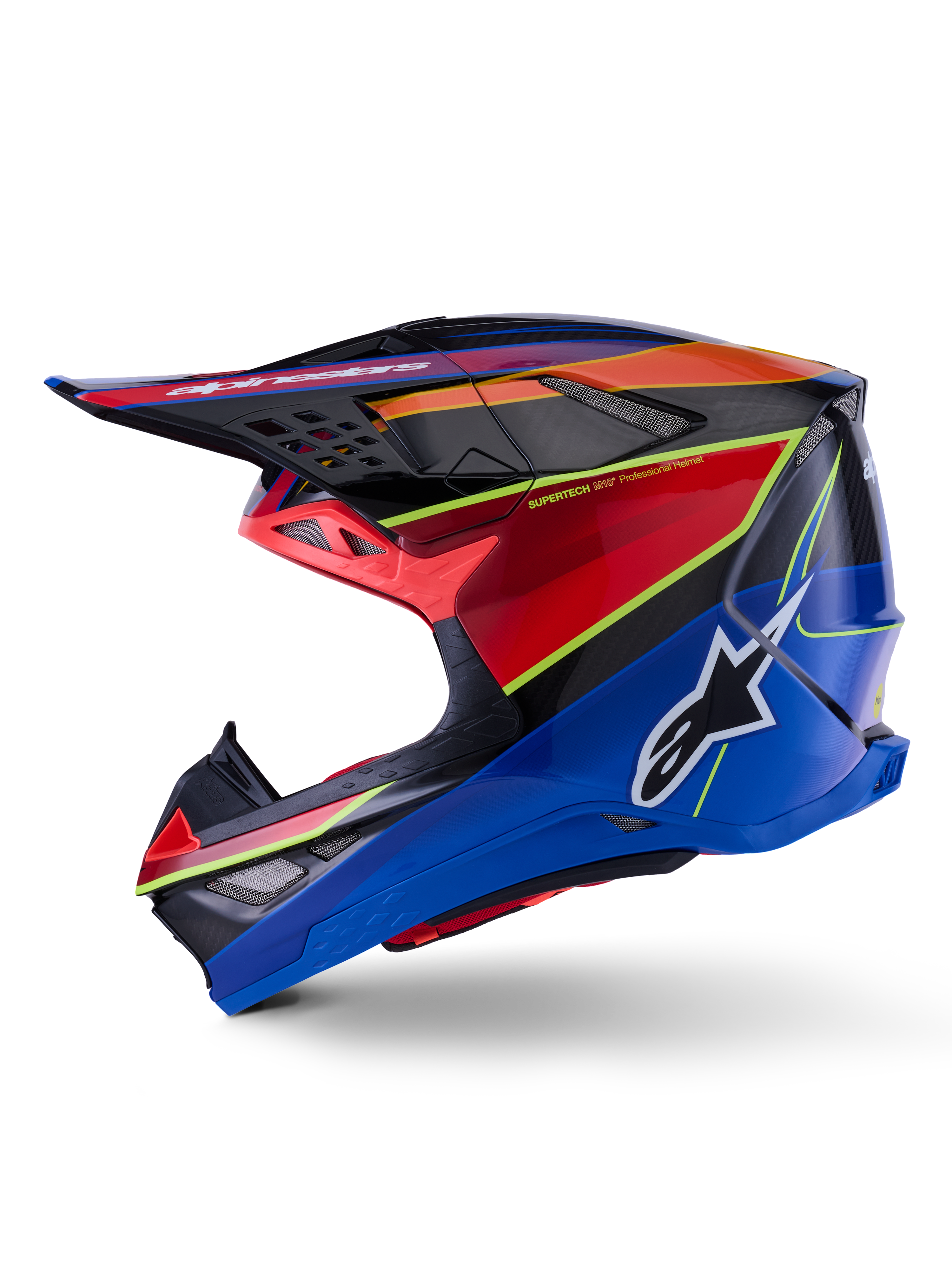 Alpinestars Supertech M10 Era Helm, Motocross-Helm, Blau, Rot und Gelb Fluo Glänzend, Seitenansicht mit aerodynamischer Carbonfaserschale, markantes Alpinestars-Logo auf der Seite und mehrere Belüftungsöffnungen, professionelle Offroad-Rennausrüstung
