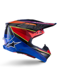 Alpinestars Supertech M10 Era Helm, Motocross-Helm, Blau, Rot und Gelb Fluo Glänzend, Seitenansicht mit Multi-Composite-Carbonschale, weißes Alpinestars-Logo, aerodynamisches Design mit mehreren Belüftungsöffnungen für den Offroad-Rennsport